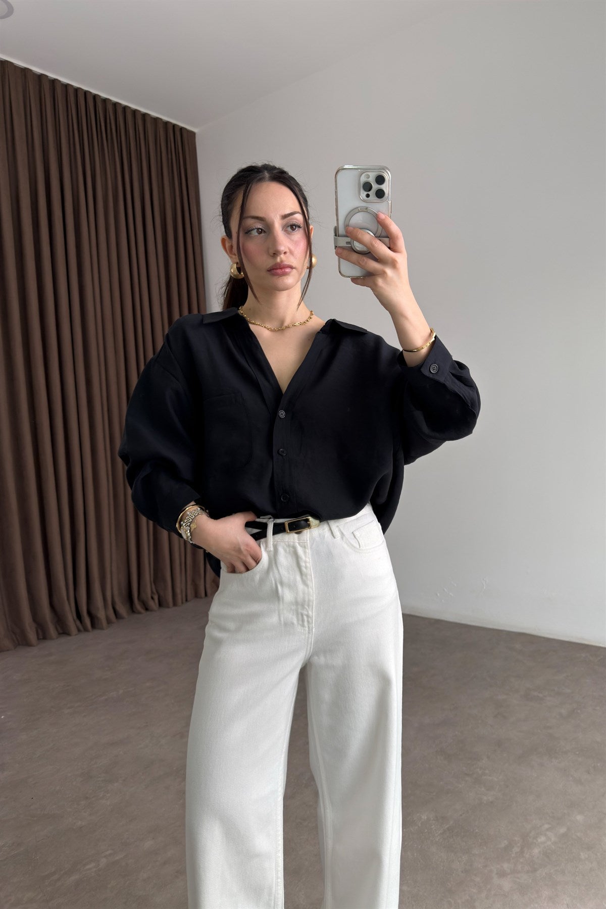 Premium Tensel Oversize Siyah Gömlek
