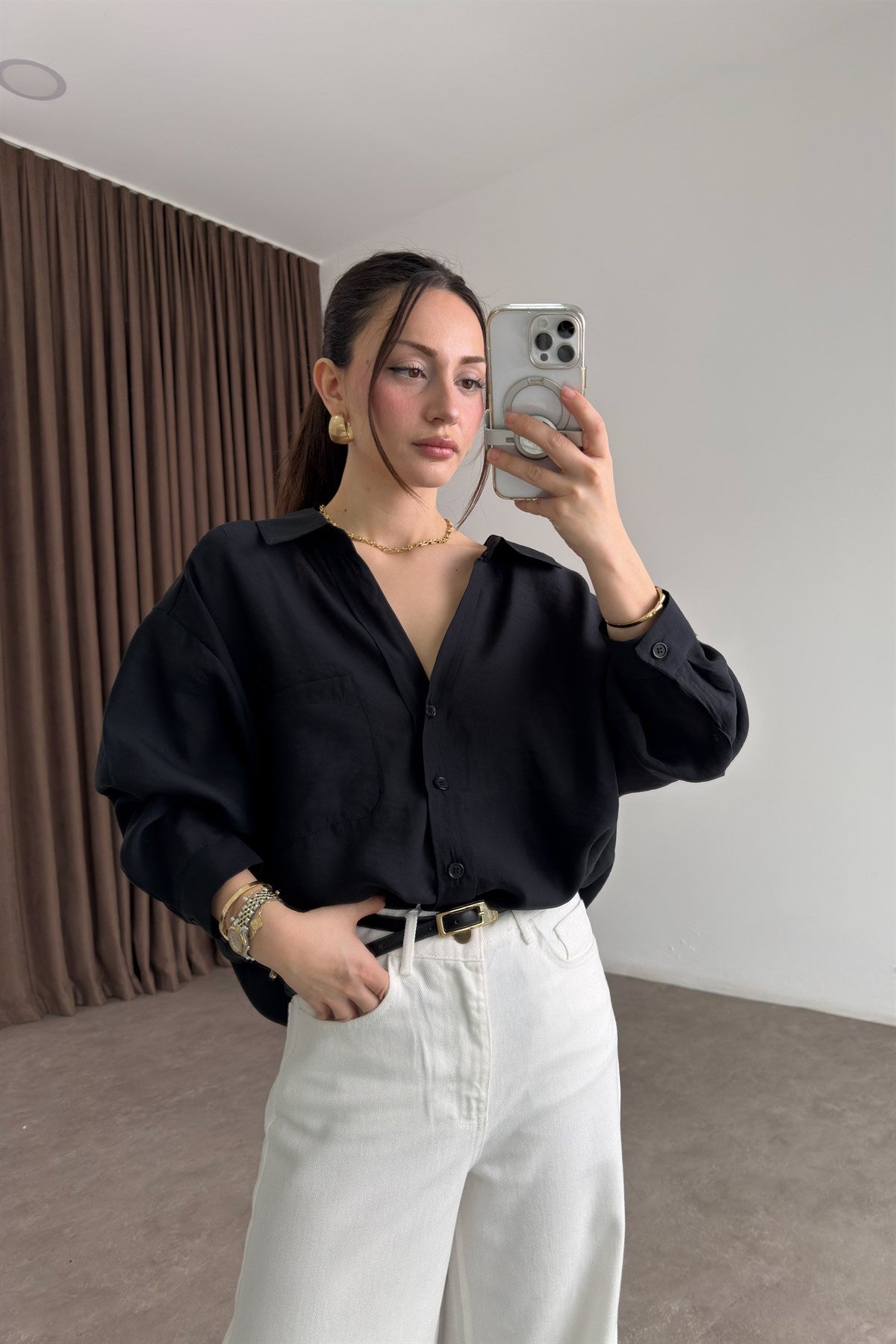Premium Tensel Oversize Siyah Gömlek