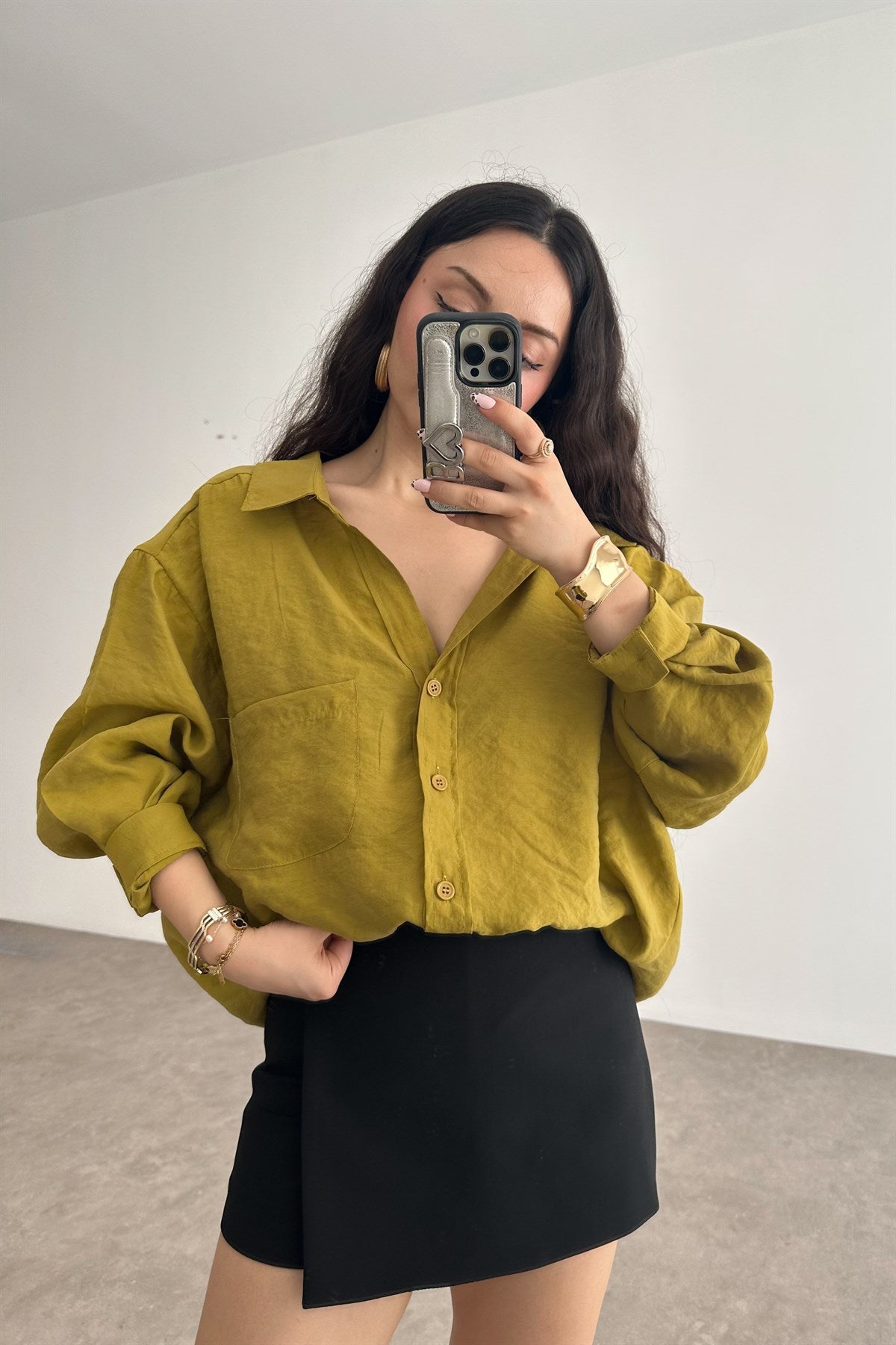 Premium Tensel Oversize Yağ Yeşili Gömlek