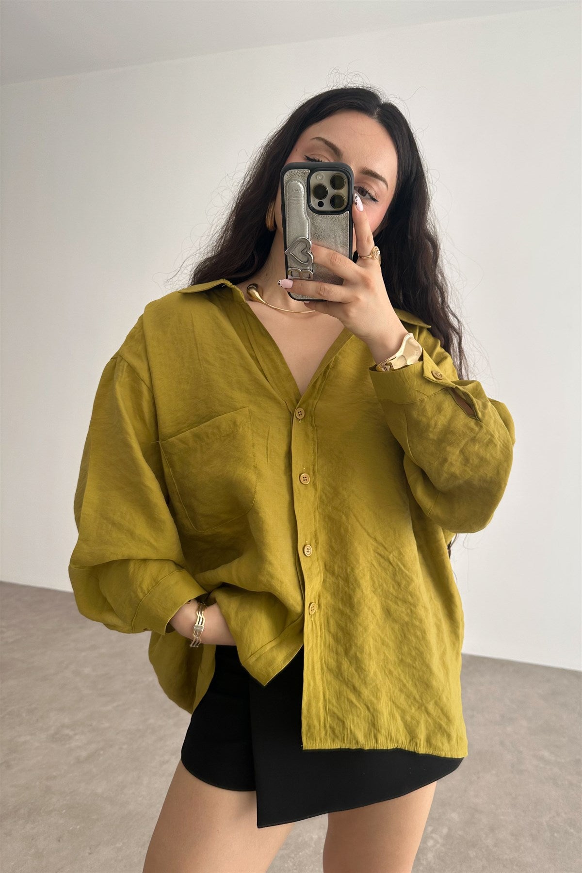 Premium Tensel Oversize Yağ Yeşili Gömlek