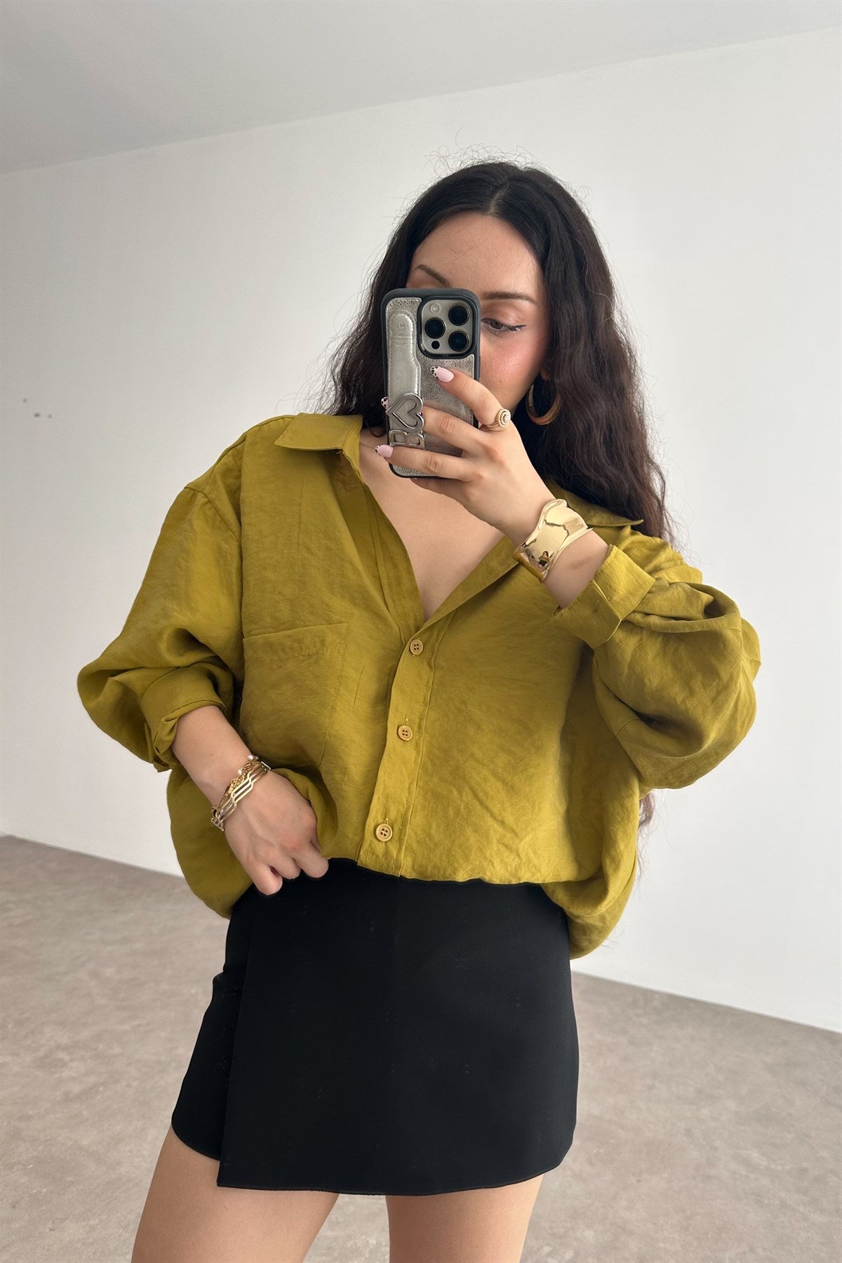 Premium Tensel Oversize Yağ Yeşili Gömlek