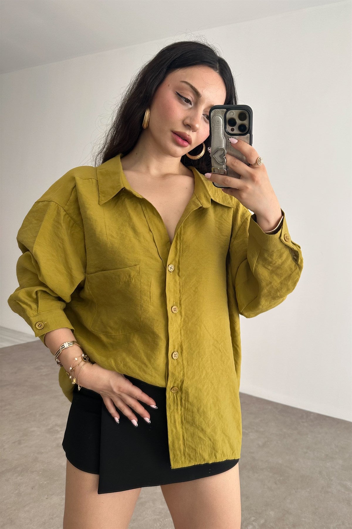 Premium Tensel Oversize Yağ Yeşili Gömlek