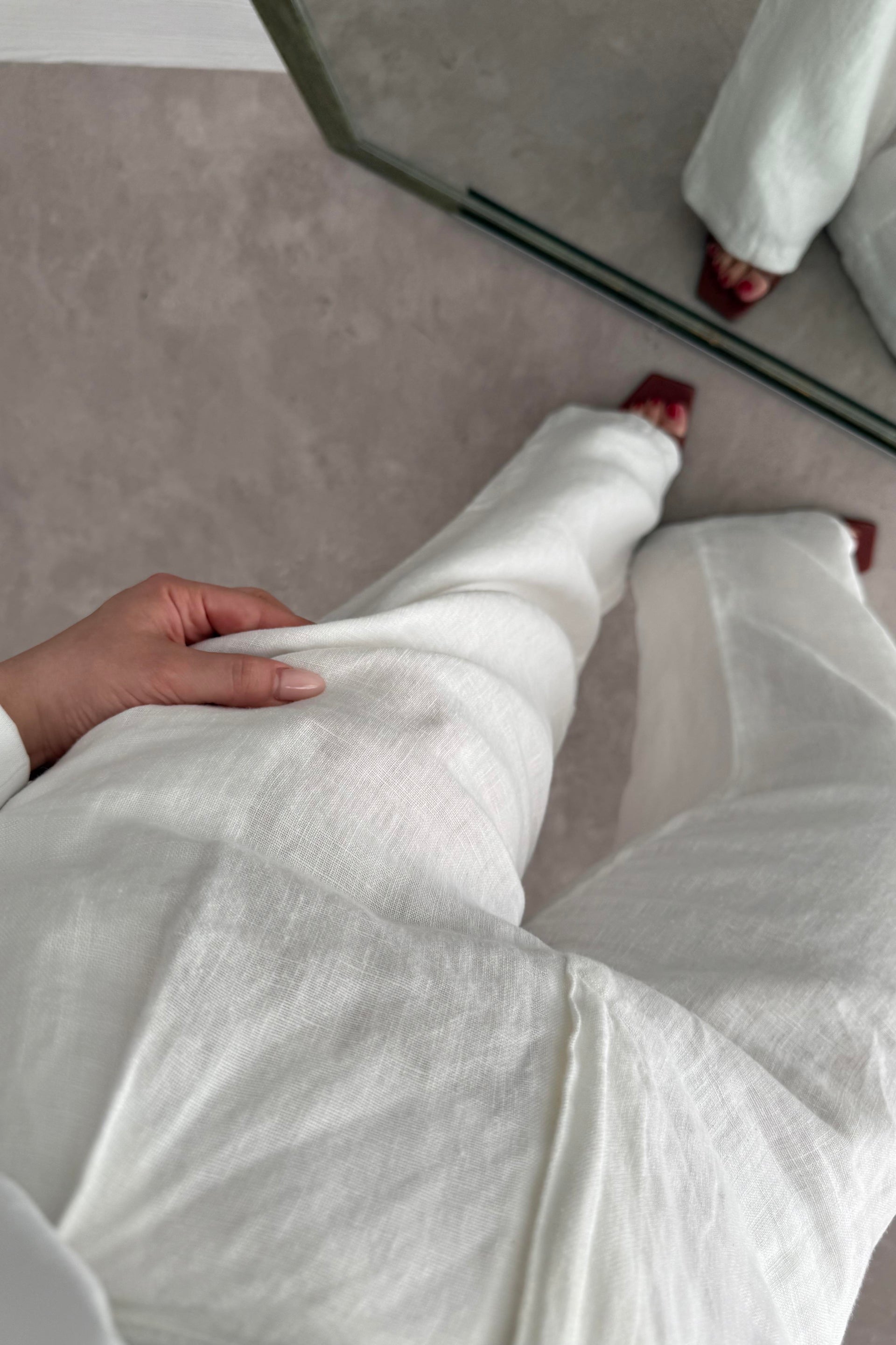 Premium Tok Pamuk Keten Yüksek Bel Palazzo Pantolon Beyaz