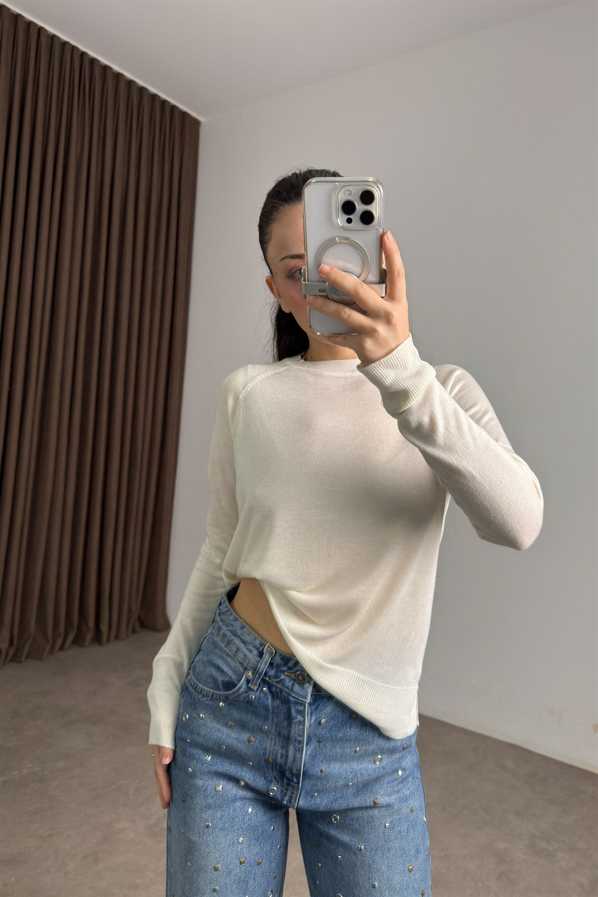 Premium Transparan Yuvarlak Yaka Ekru Bluz