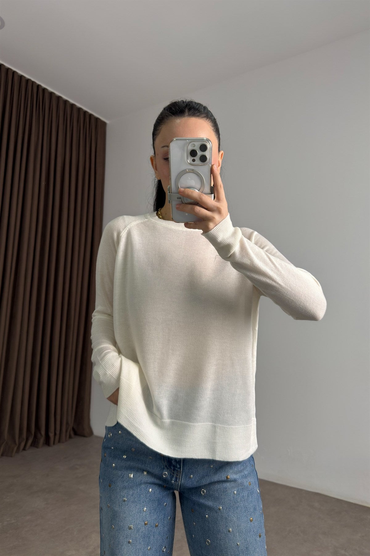 Premium Transparan Yuvarlak Yaka Ekru Bluz