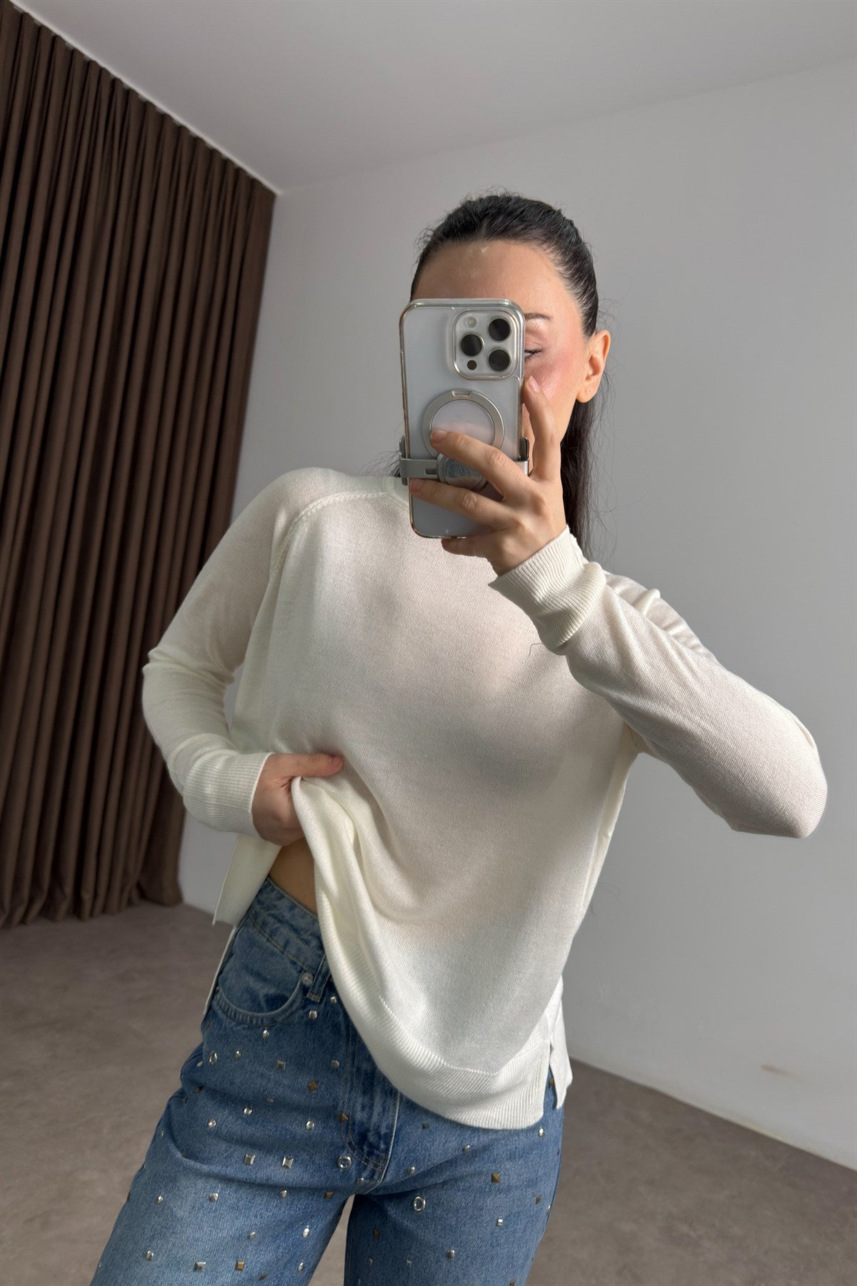 Premium Transparan Yuvarlak Yaka Ekru Bluz