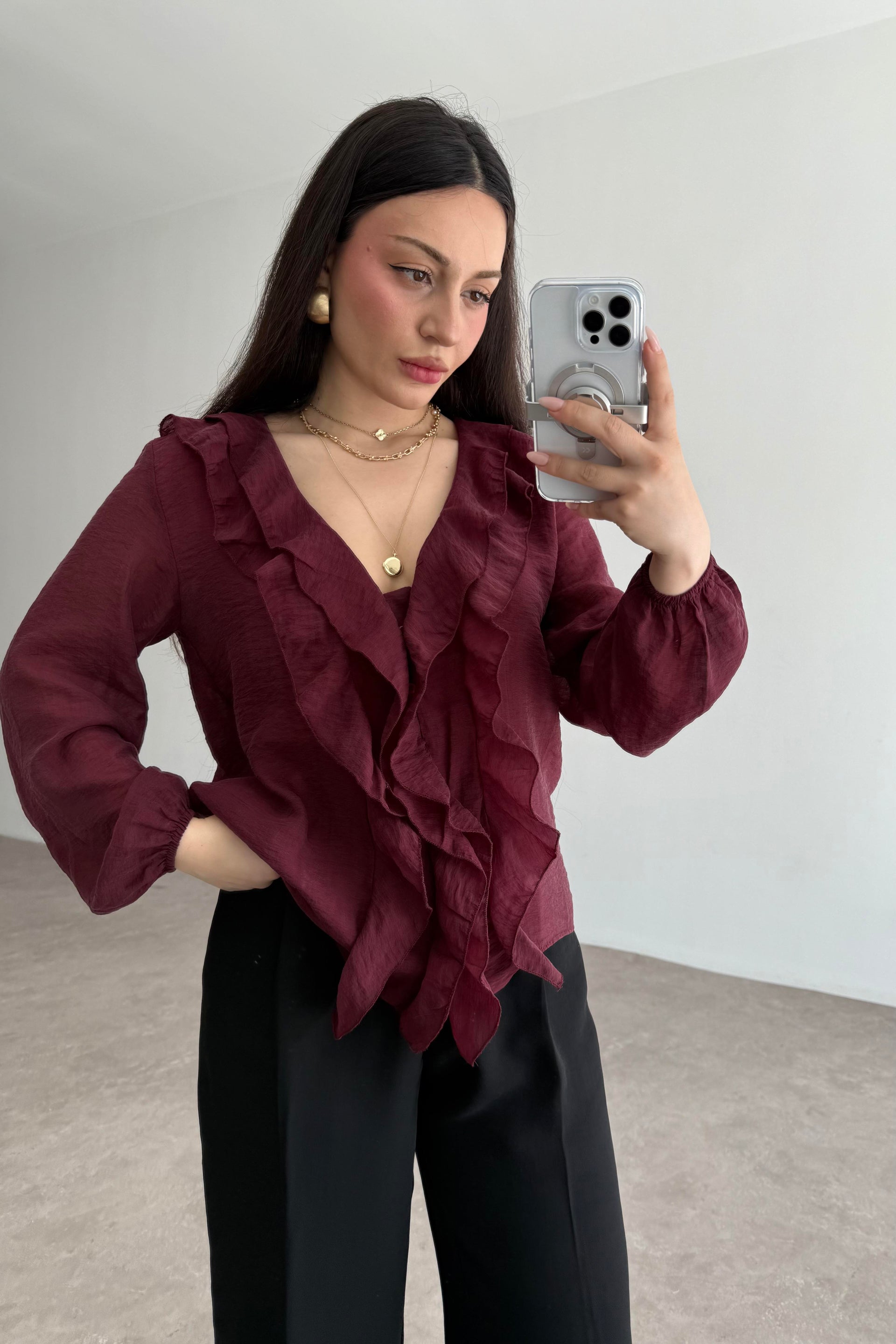 Premium Volanlı Bohem Gömlek Burgundy