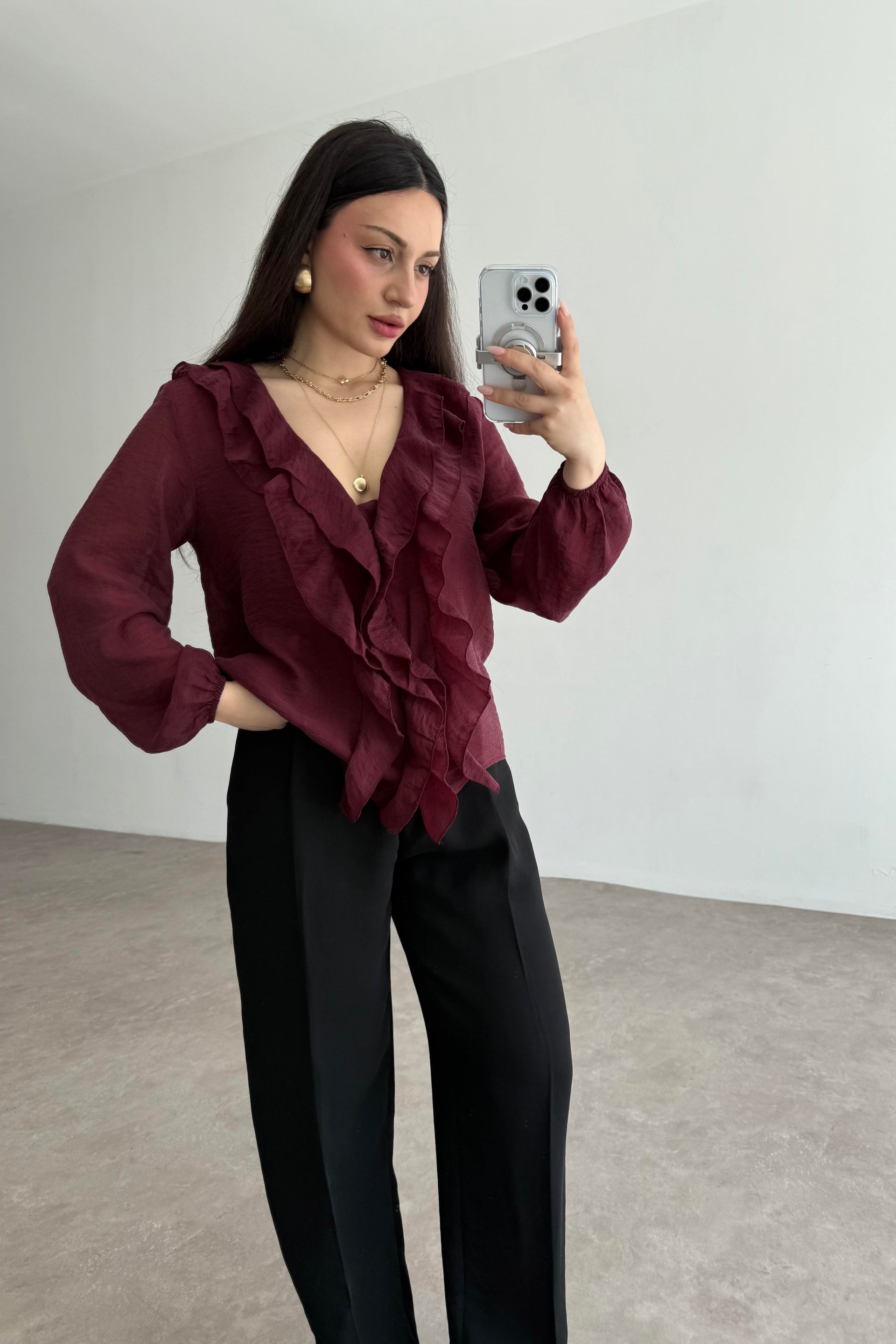 Premium Volanlı Bohem Gömlek Burgundy