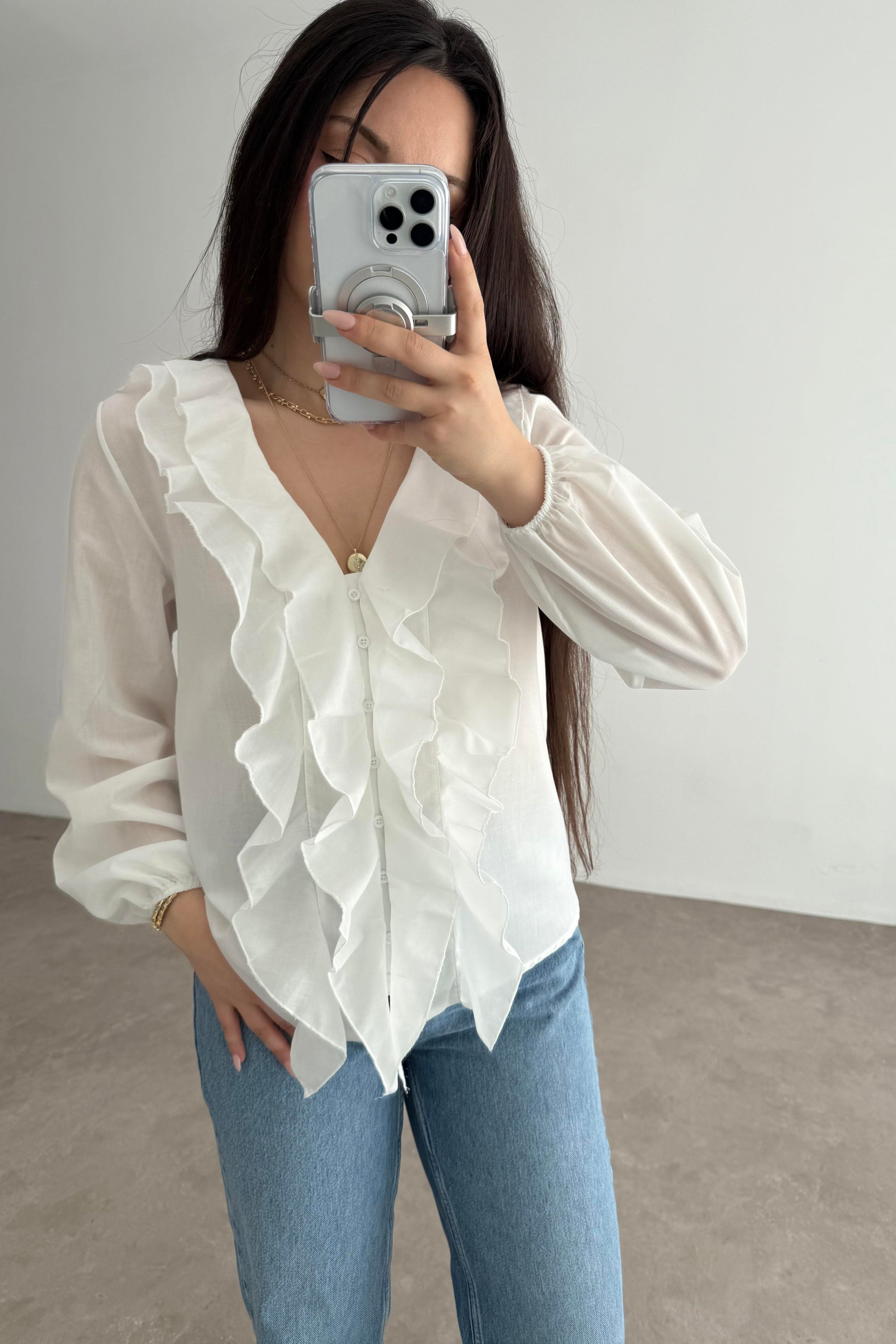 Premium Volanlı Bohem Gömlek White
