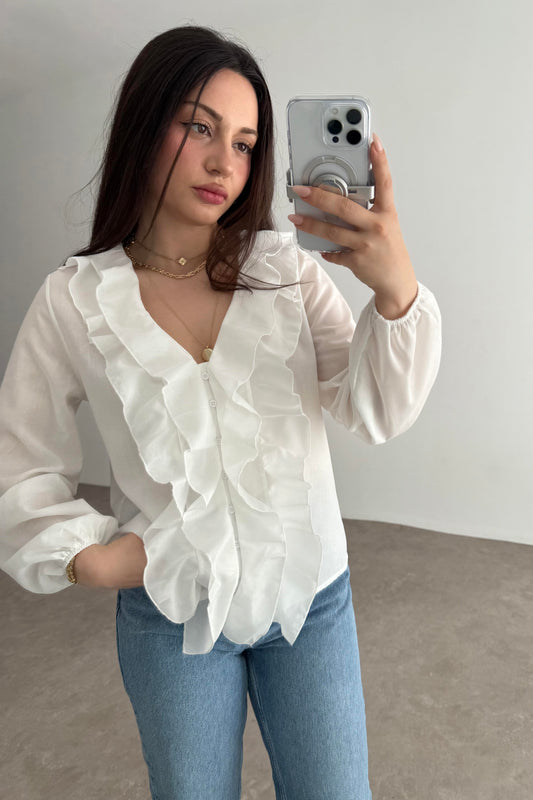 Premium Volanlı Bohem Gömlek White