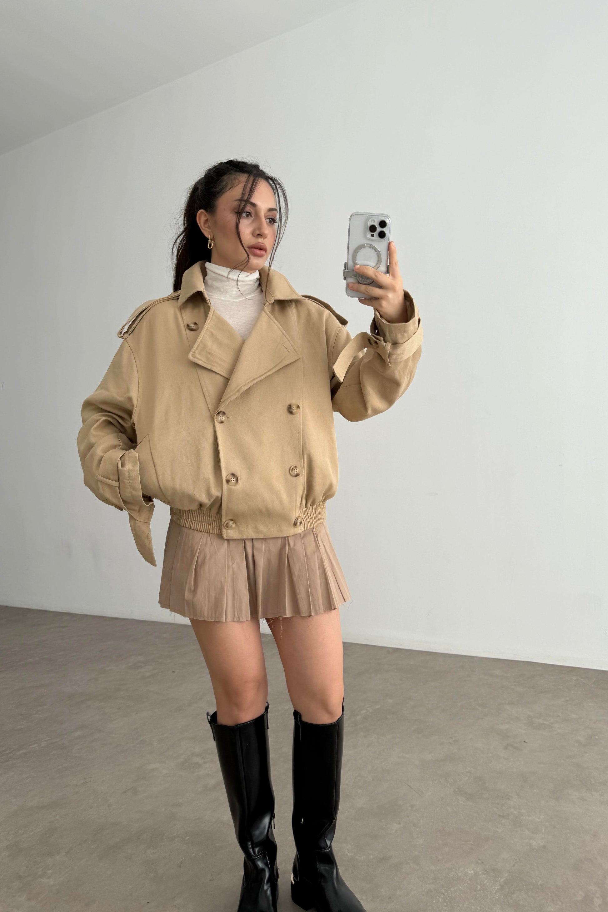 Premium Yakası Kürklü Bomber Camel Trençkot