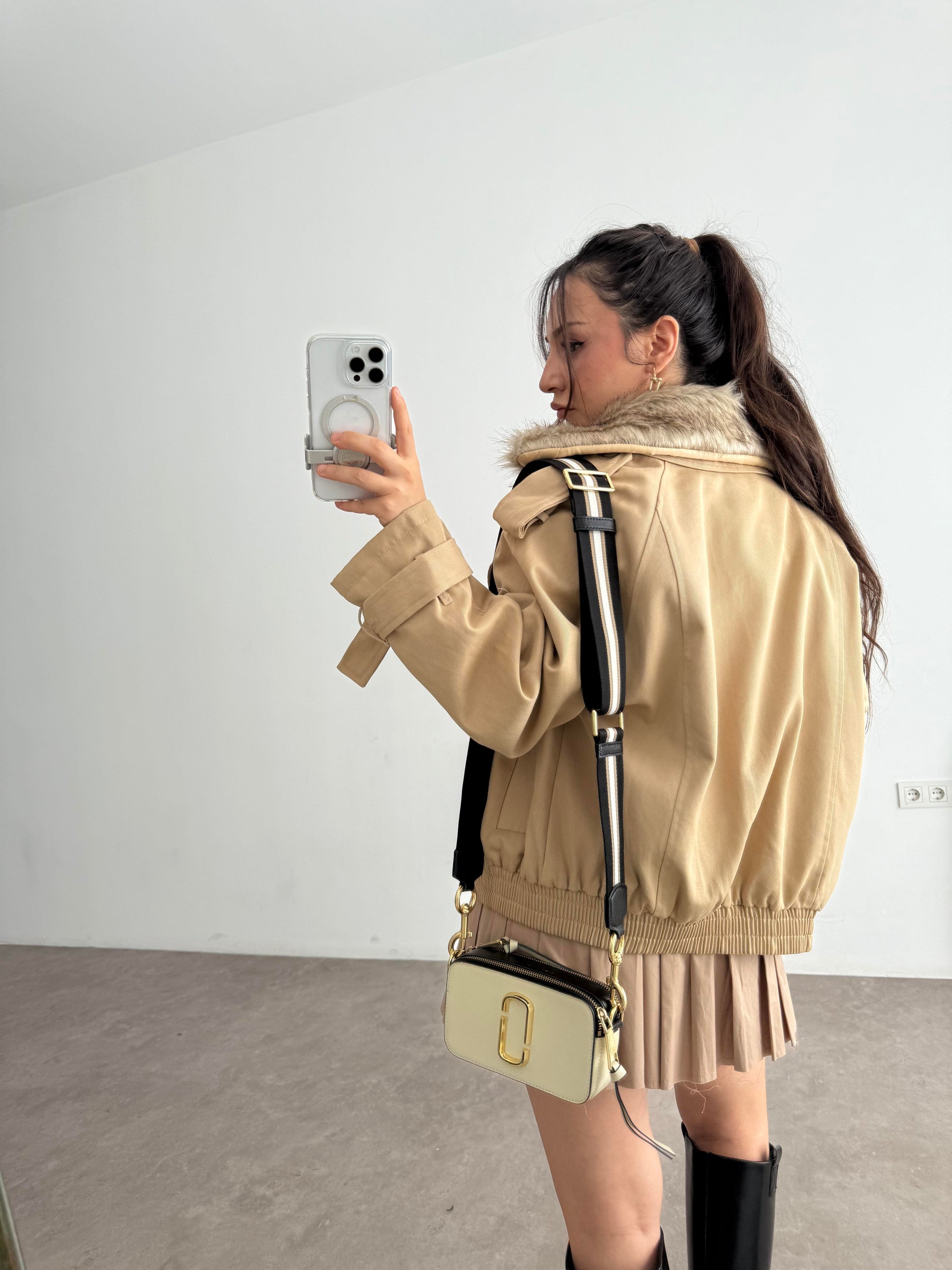 Premium Yakası Kürklü Bomber Camel Trençkot