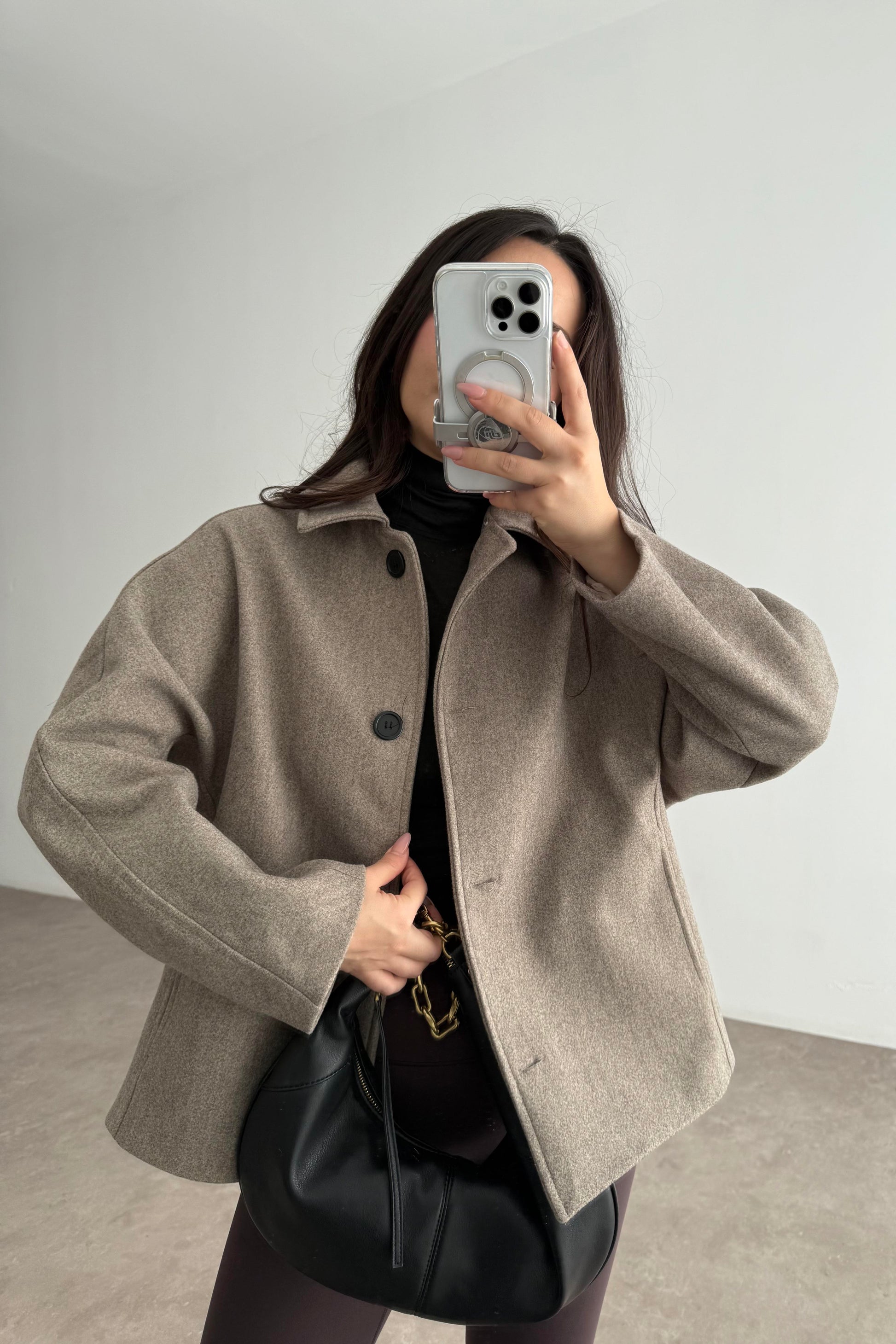 Premium Yakası Kürklü Boz Kahve Kaşe Ceket