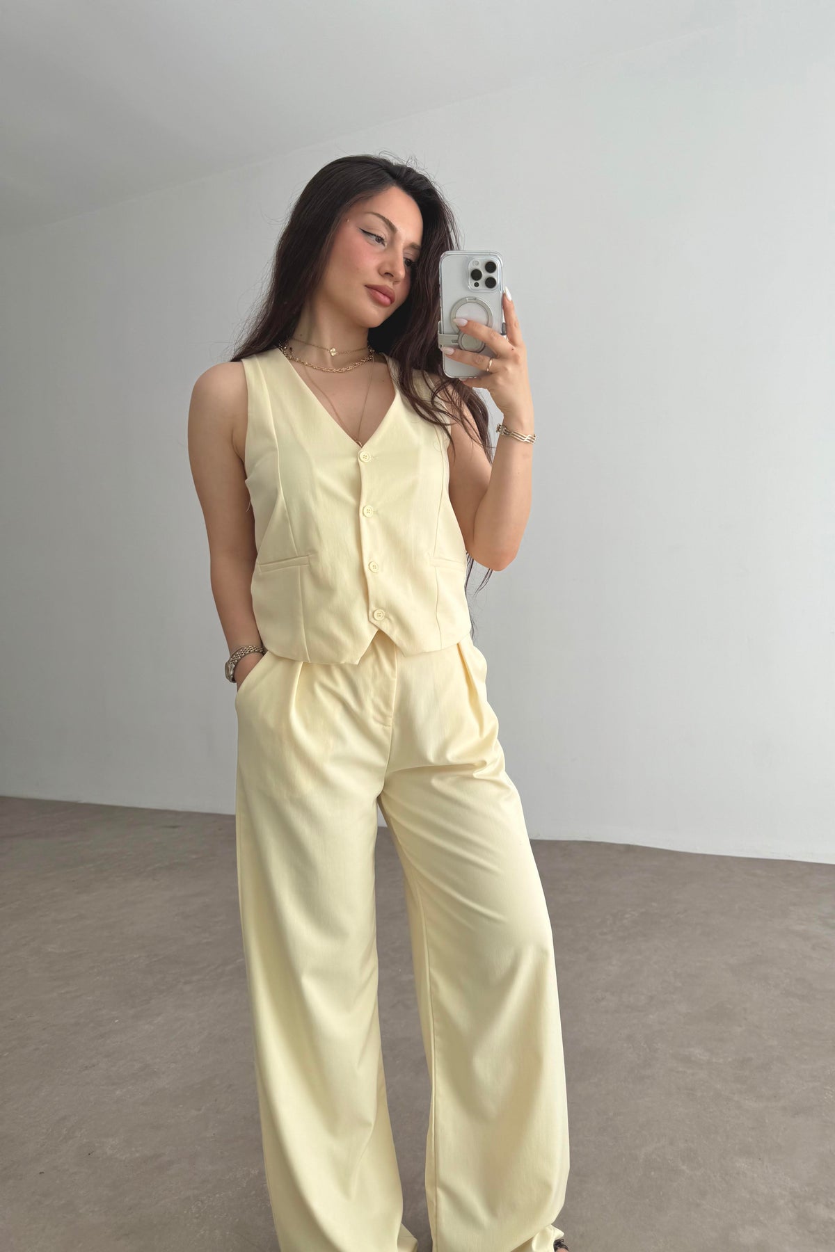 Premium Yelek Pantolon Takım Butter Yellow