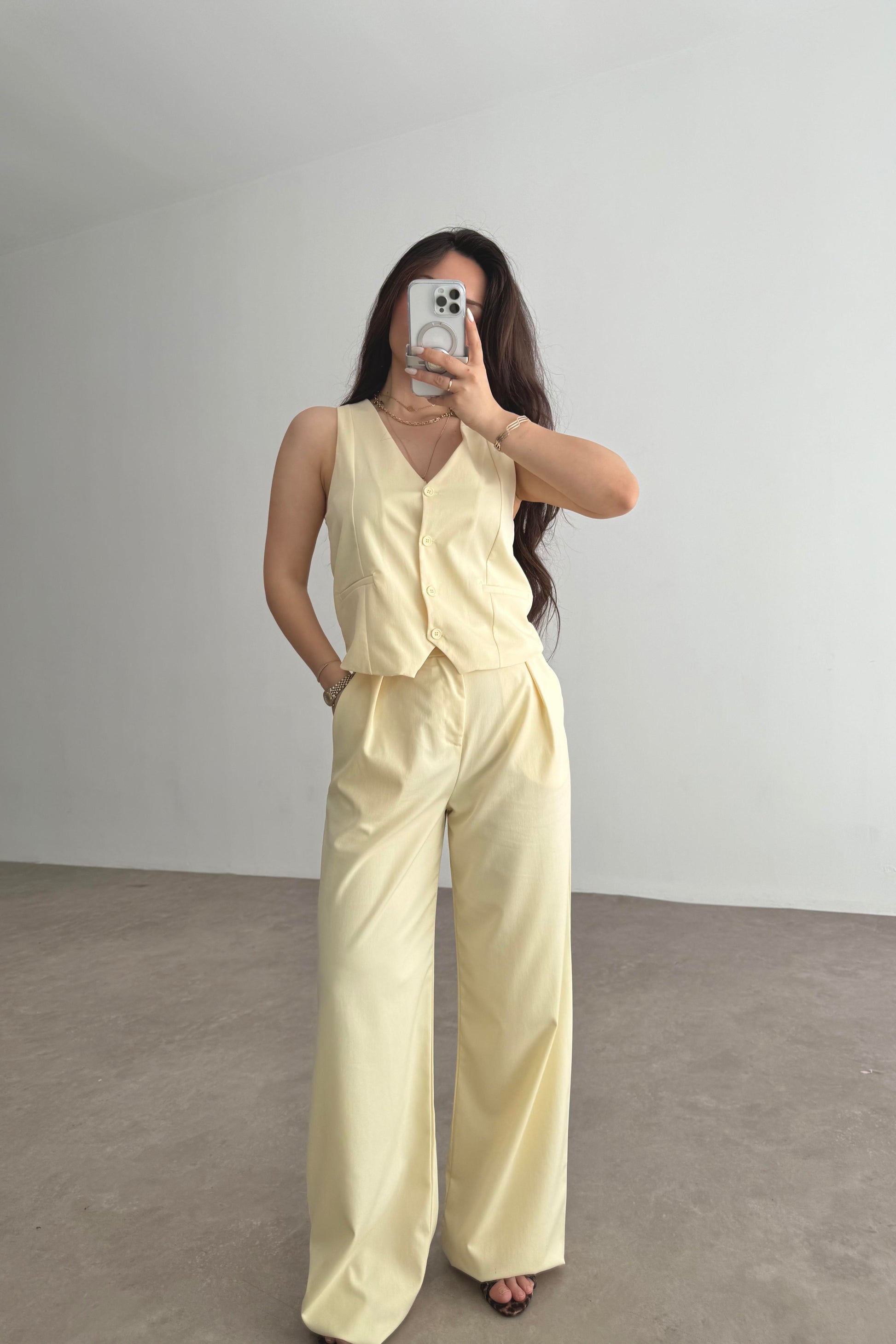 Premium Yelek Pantolon Takım Butter Yellow