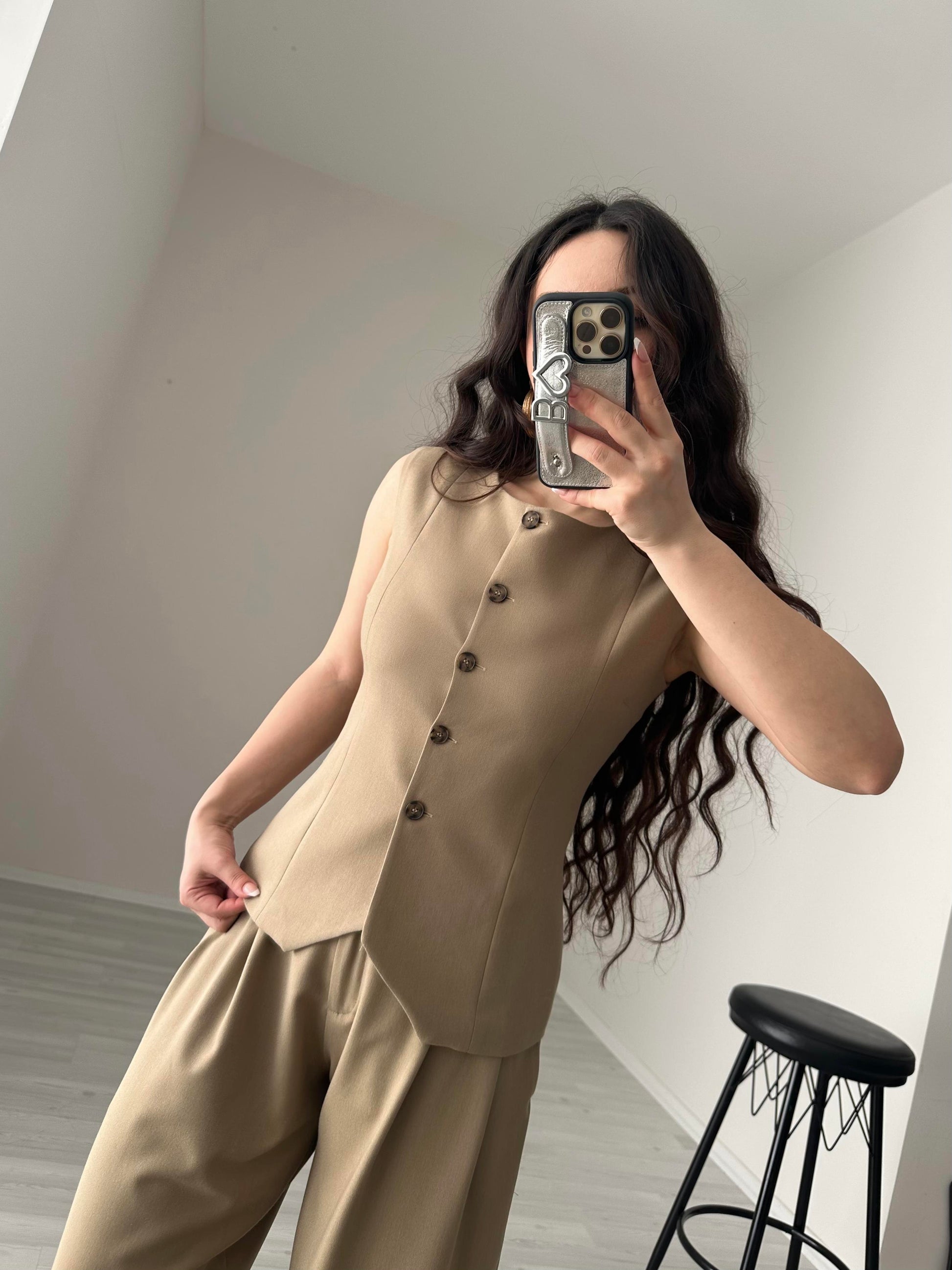 Premium Yelekli Pamuk/Keten Takım