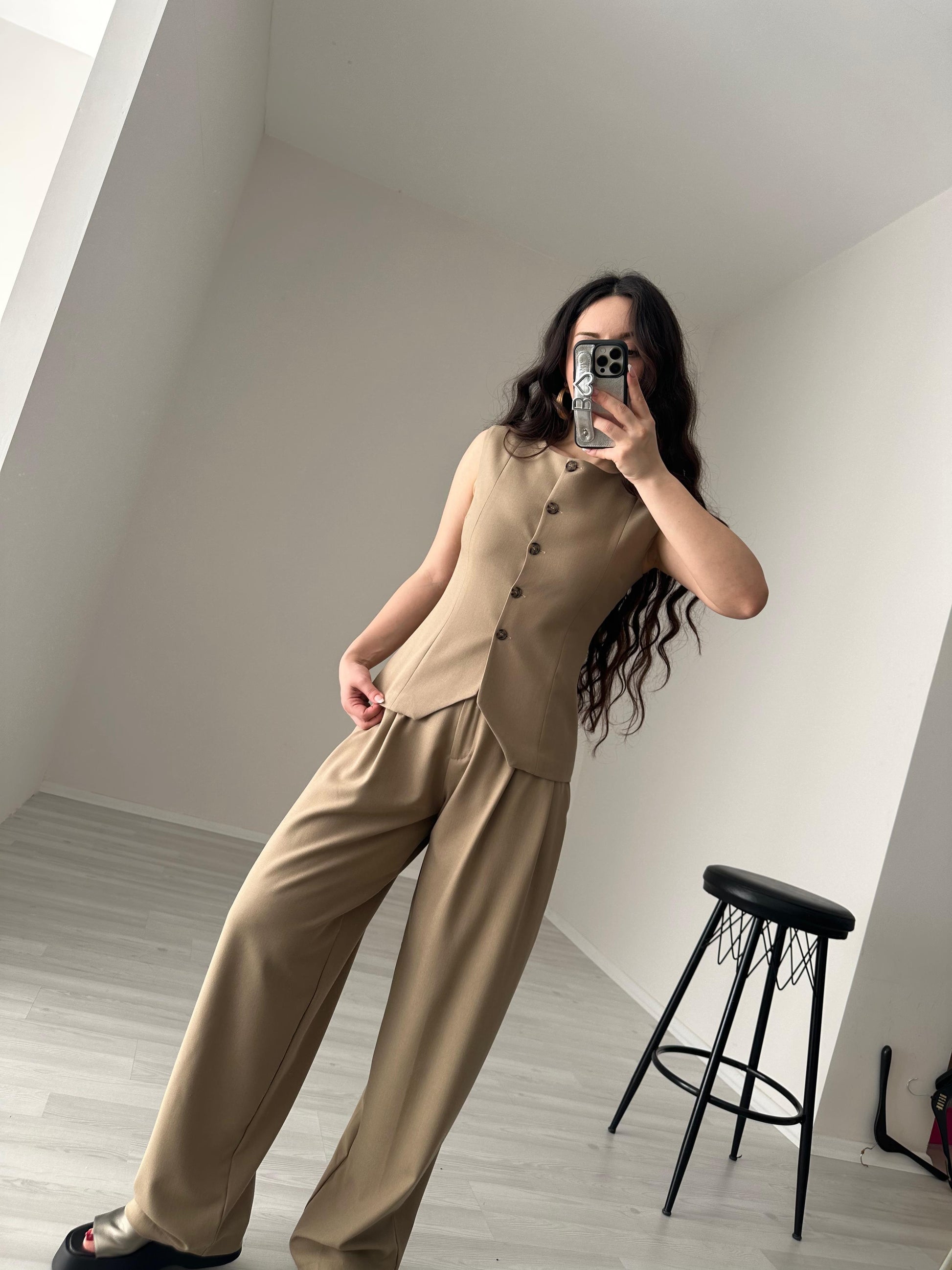 Premium Yelekli Pamuk/Keten Takım