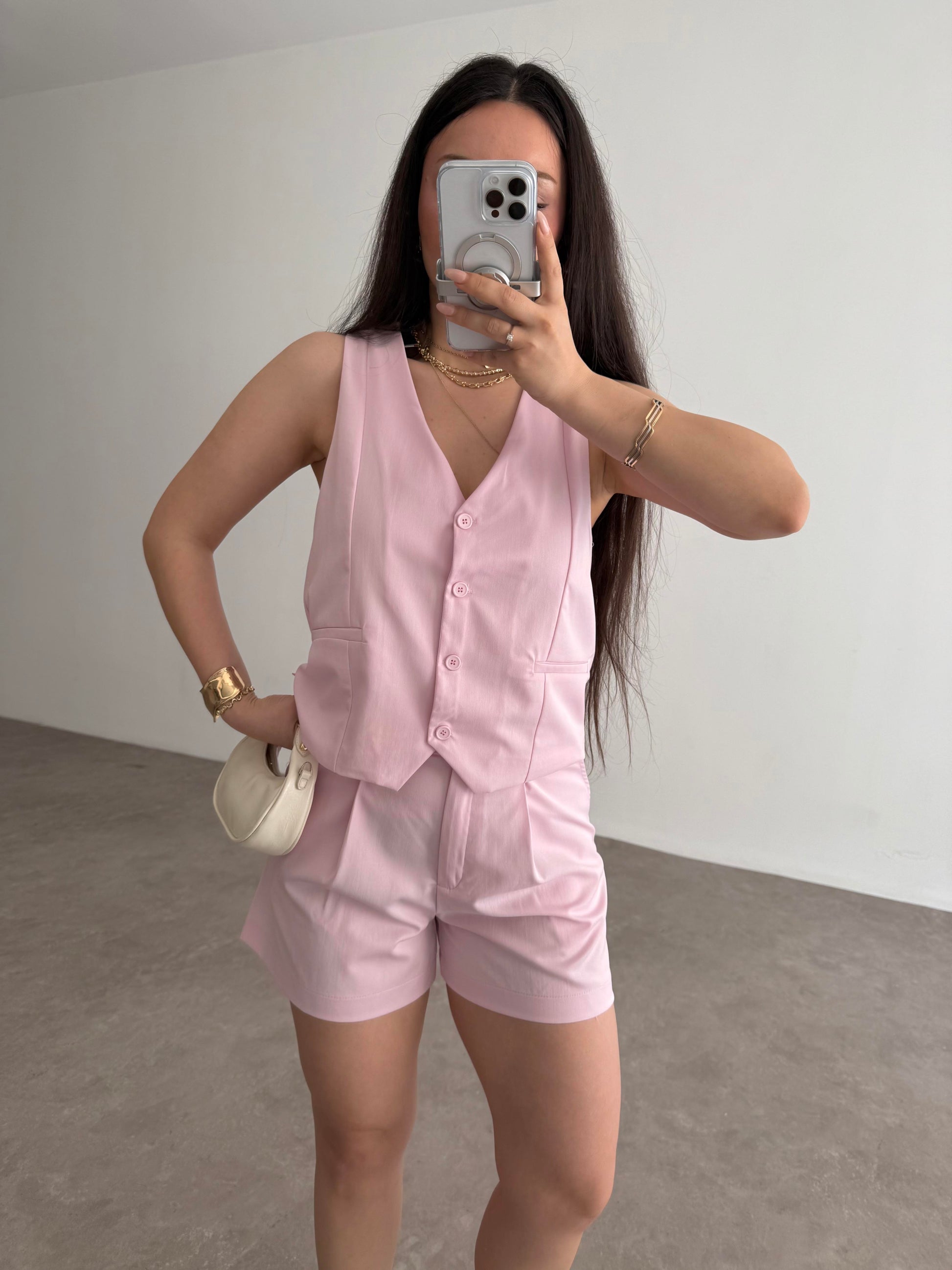 Premium Yelekli Şortlu Takım Pembe