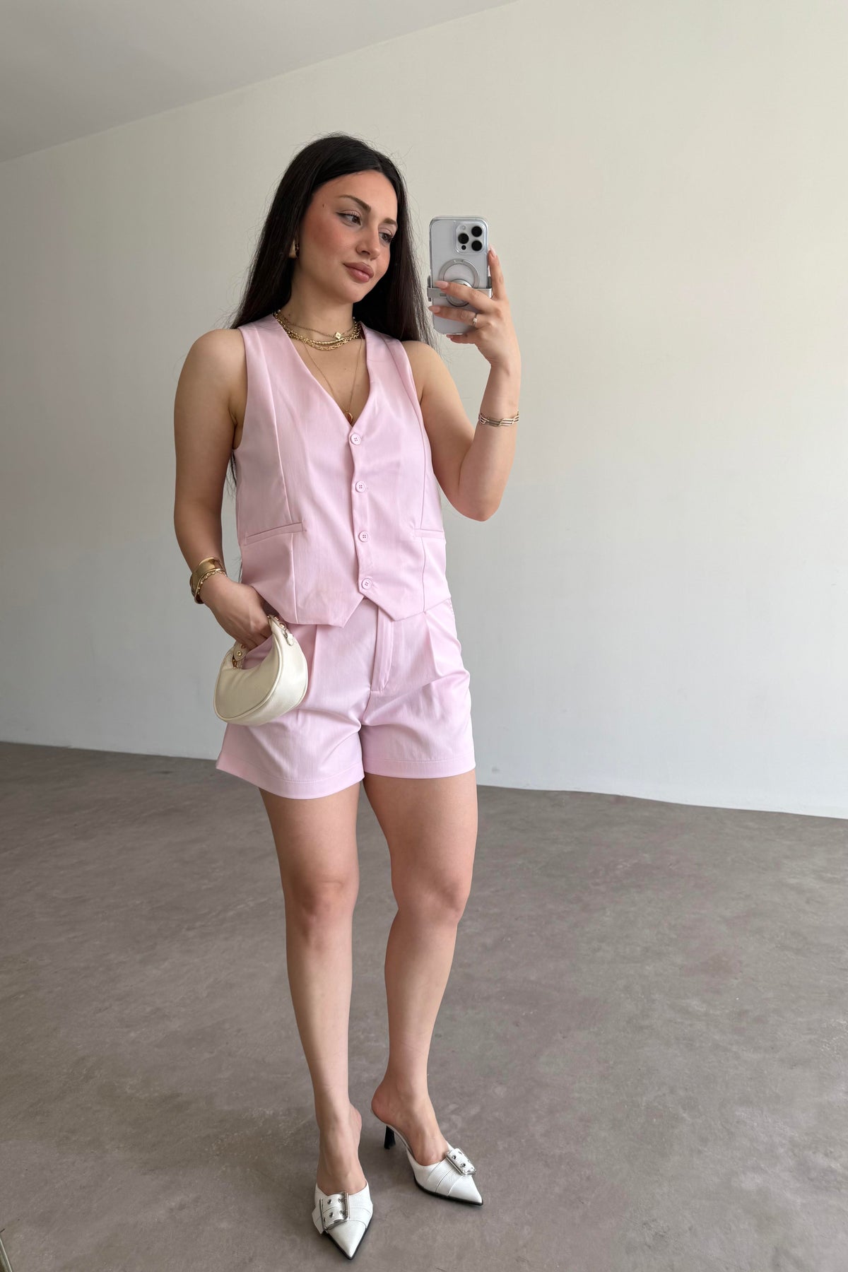 Premium Yelekli Şortlu Takım Pembe
