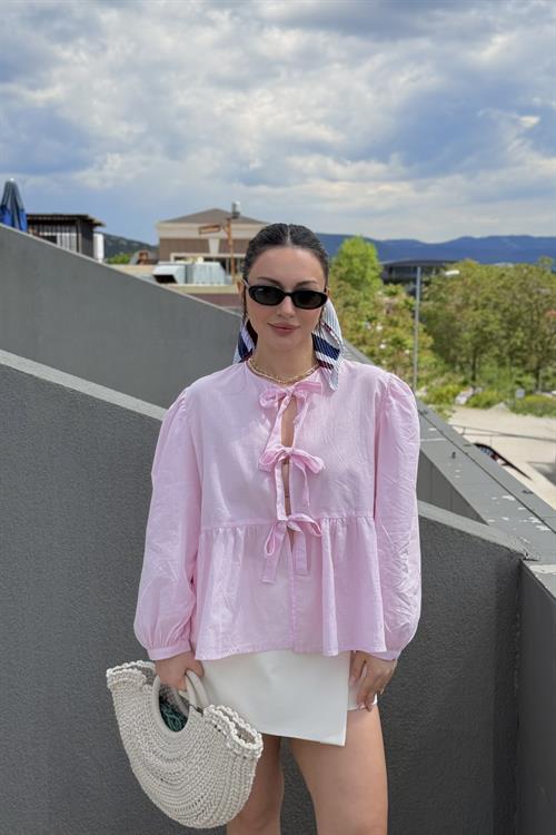 Ravi Bağlama Detaylı Premium Pastel Pembe Gömlek