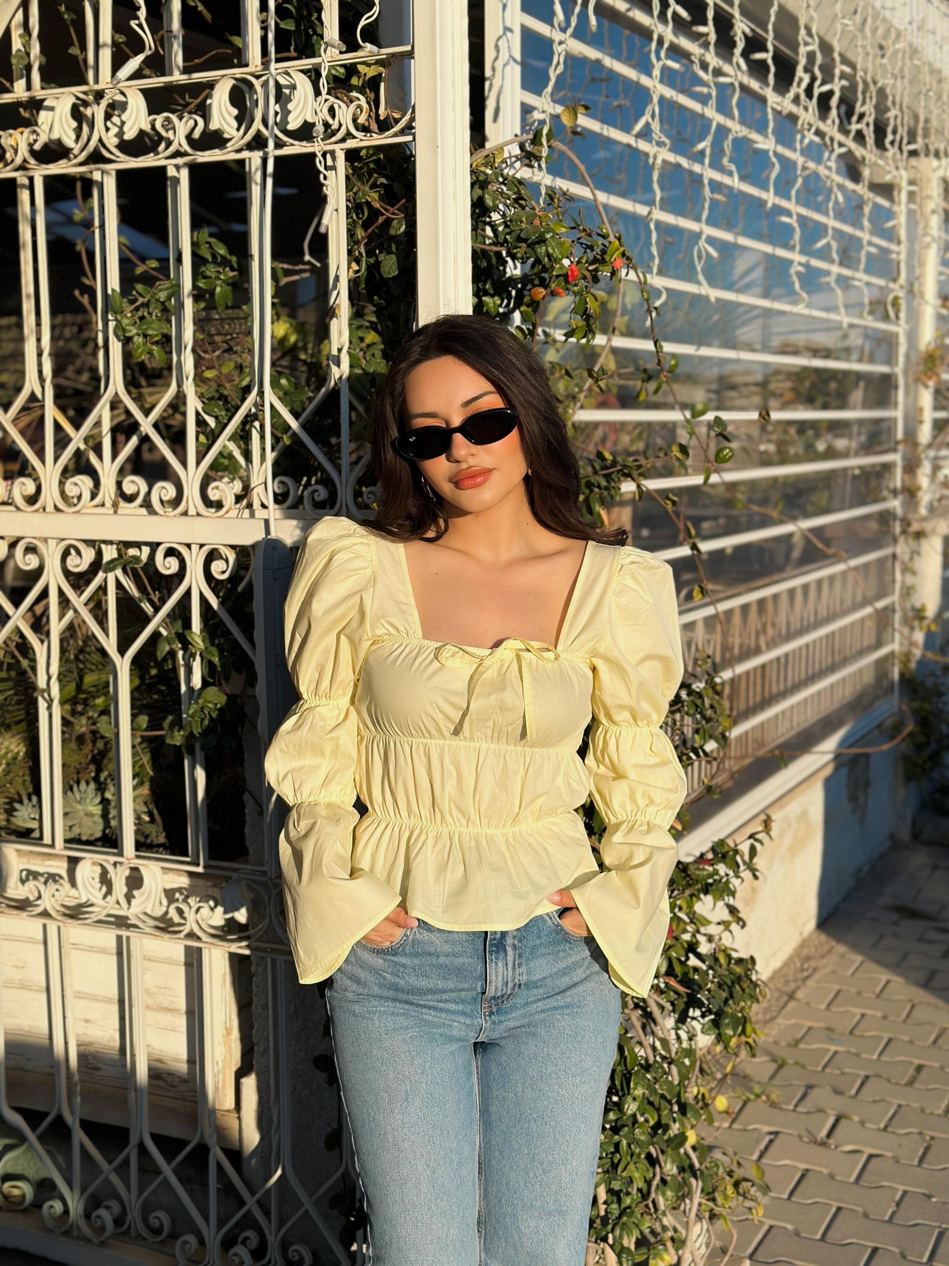Ravi Kare Yaka Büzgülü Bluz Butter Yellow