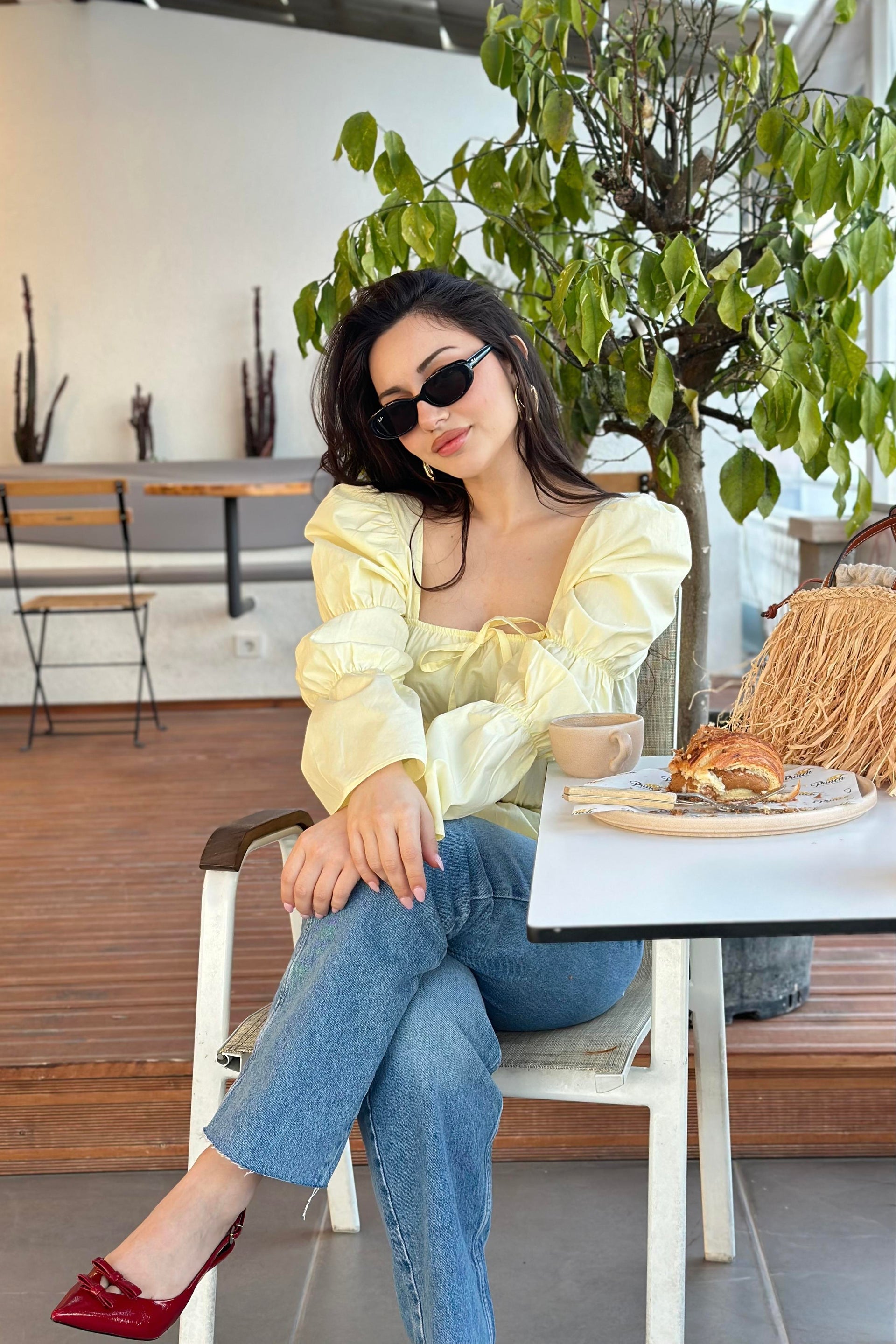 Ravi Kare Yaka Büzgülü Bluz Butter Yellow