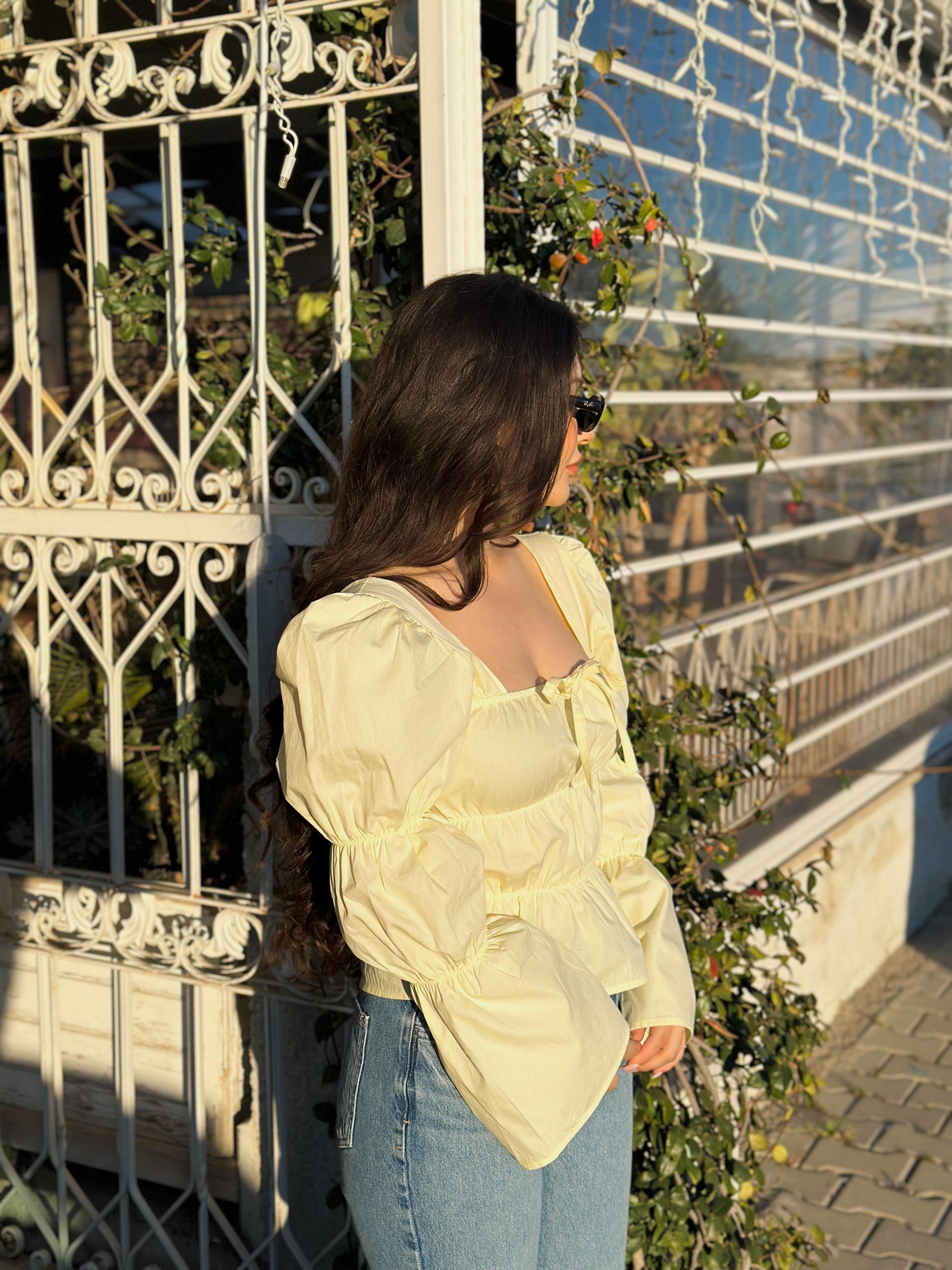 Ravi Kare Yaka Büzgülü Bluz Butter Yellow