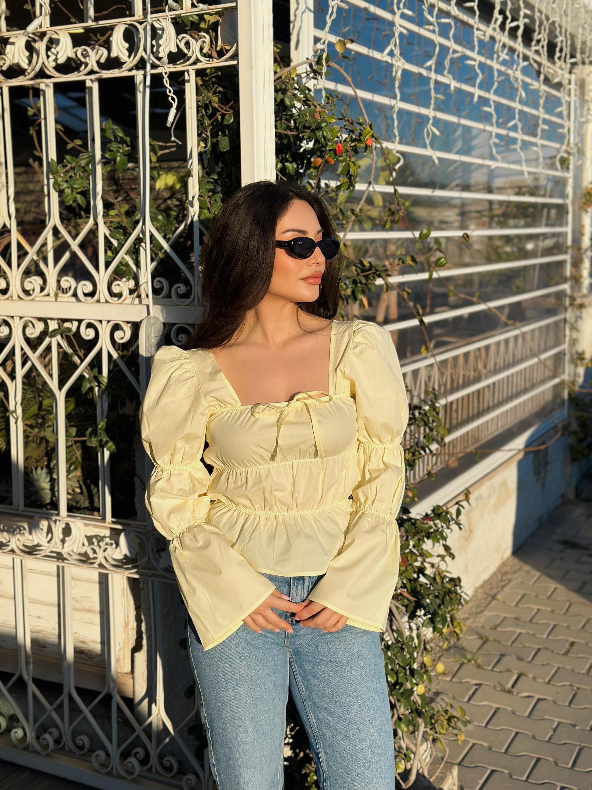 Ravi Kare Yaka Büzgülü Bluz Butter Yellow