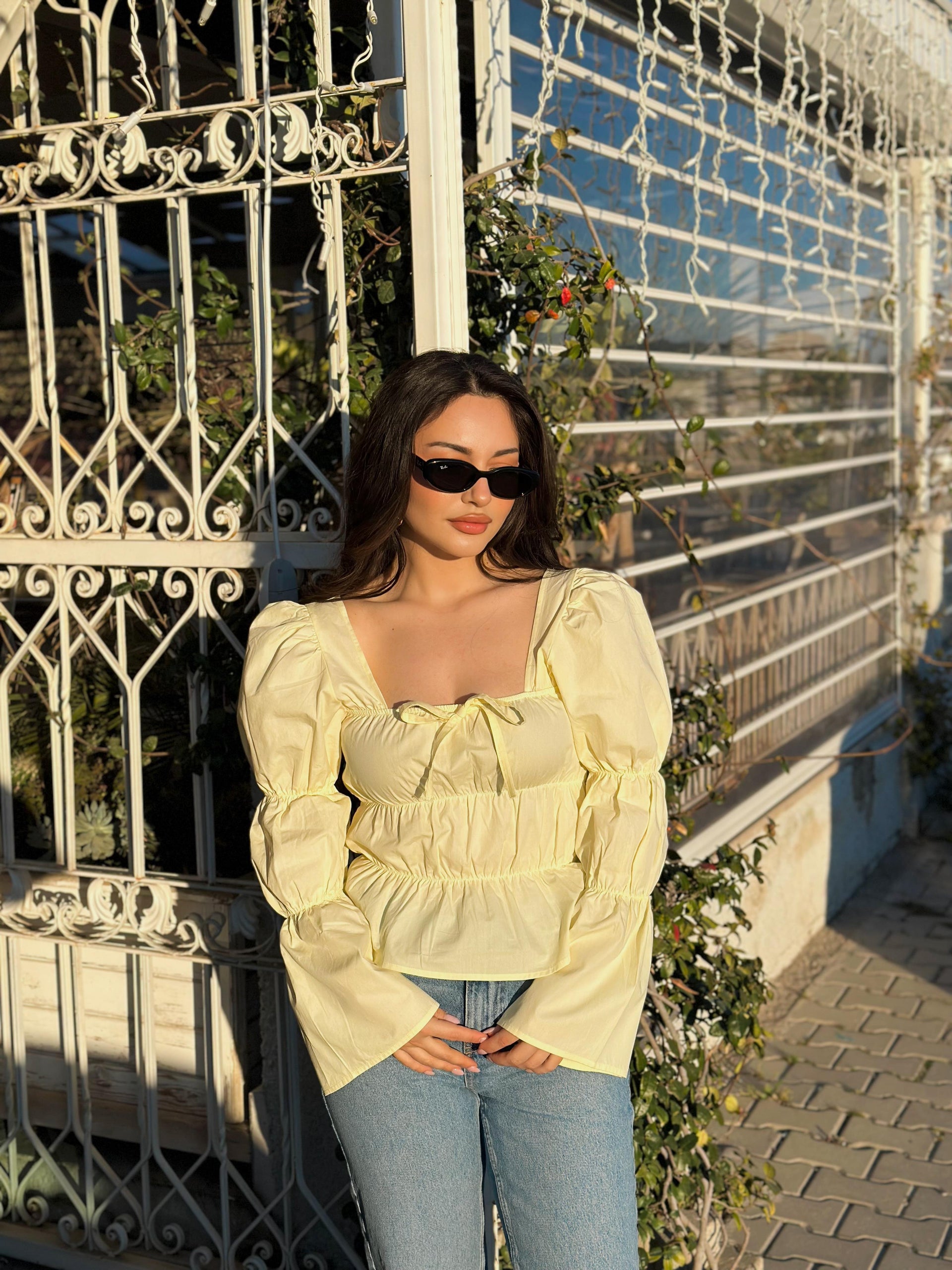 Ravi Kare Yaka Büzgülü Bluz Butter Yellow