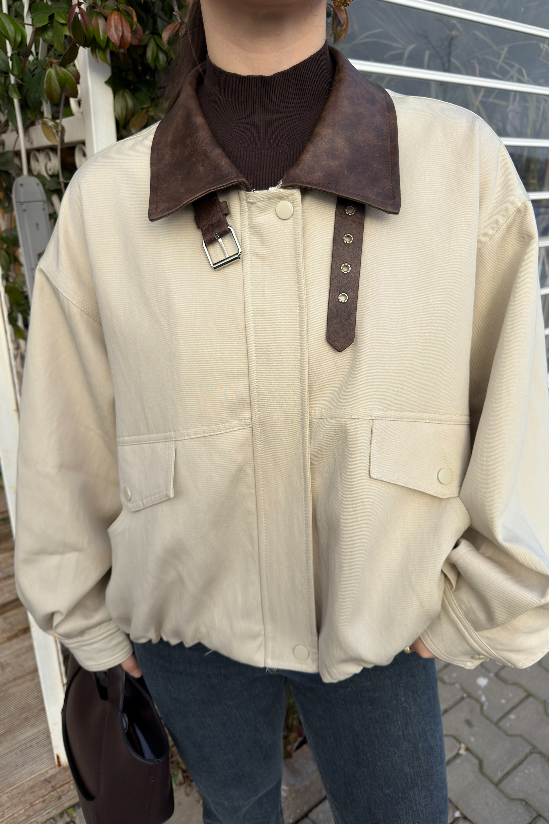 Robin İthal Premium Deri Detaylı Bej Bomber Ceket
