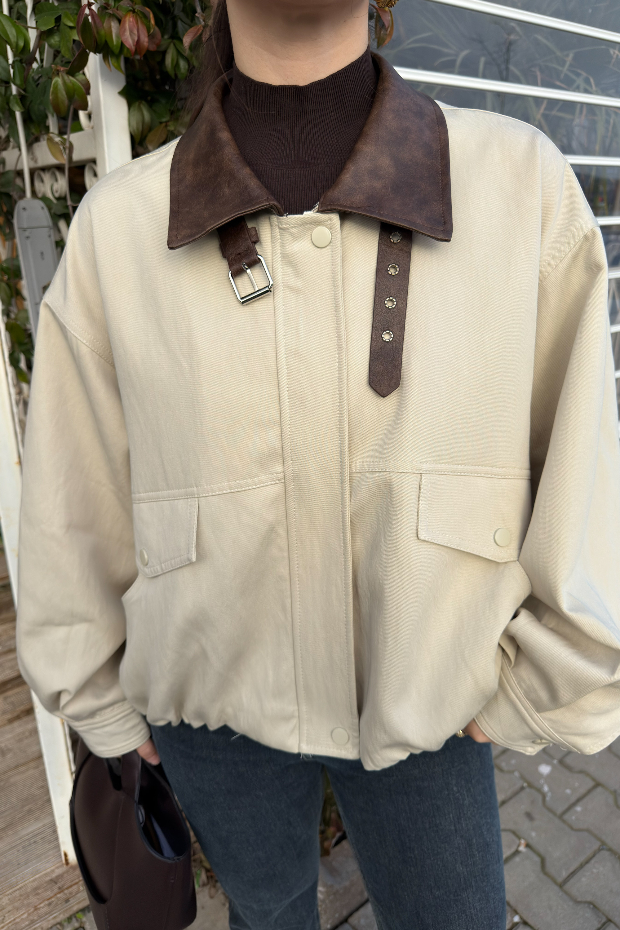 Robin İthal Premium Deri Detaylı Bej Bomber Ceket