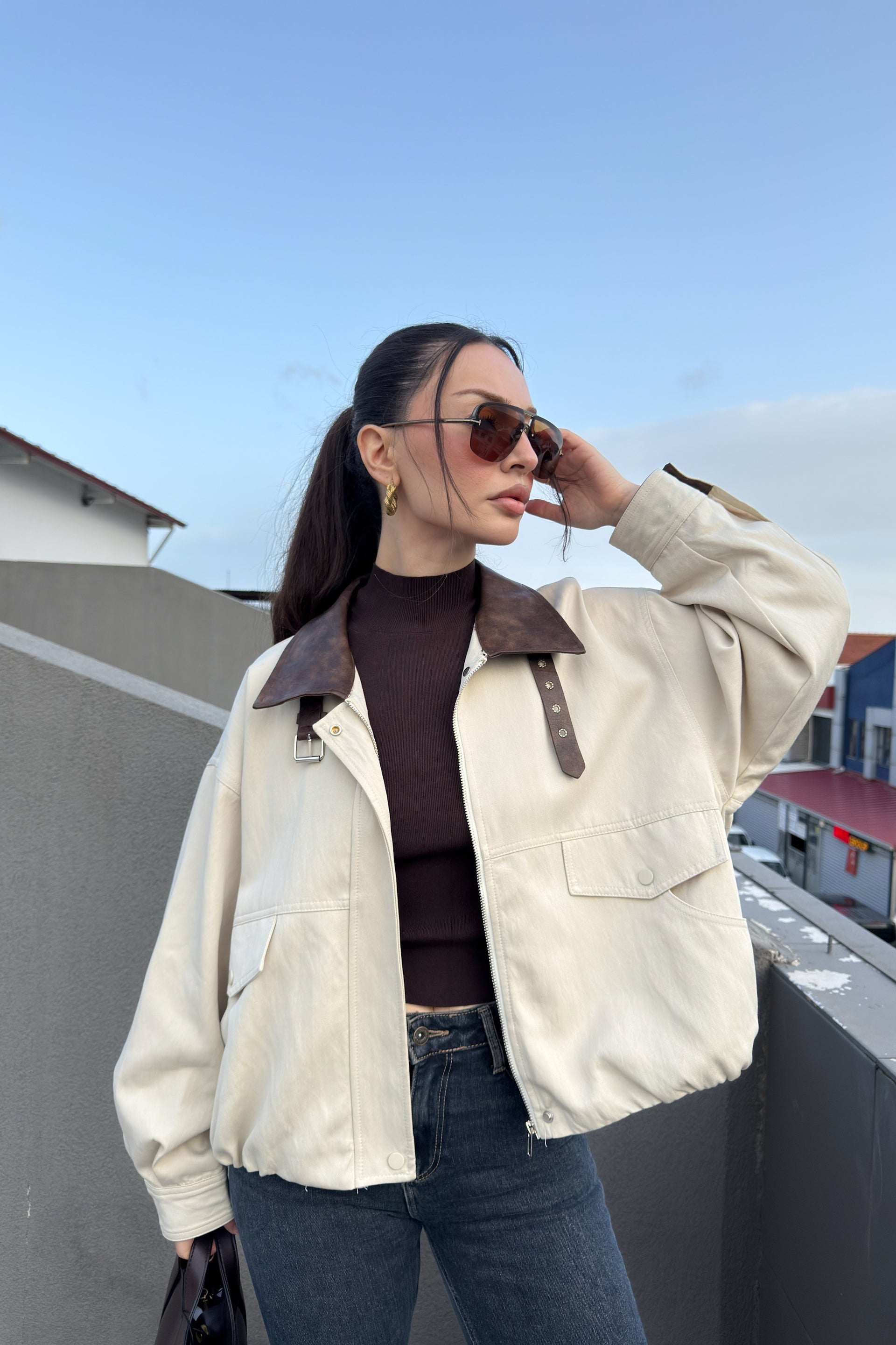 Robin İthal Premium Deri Detaylı Bej Bomber Ceket