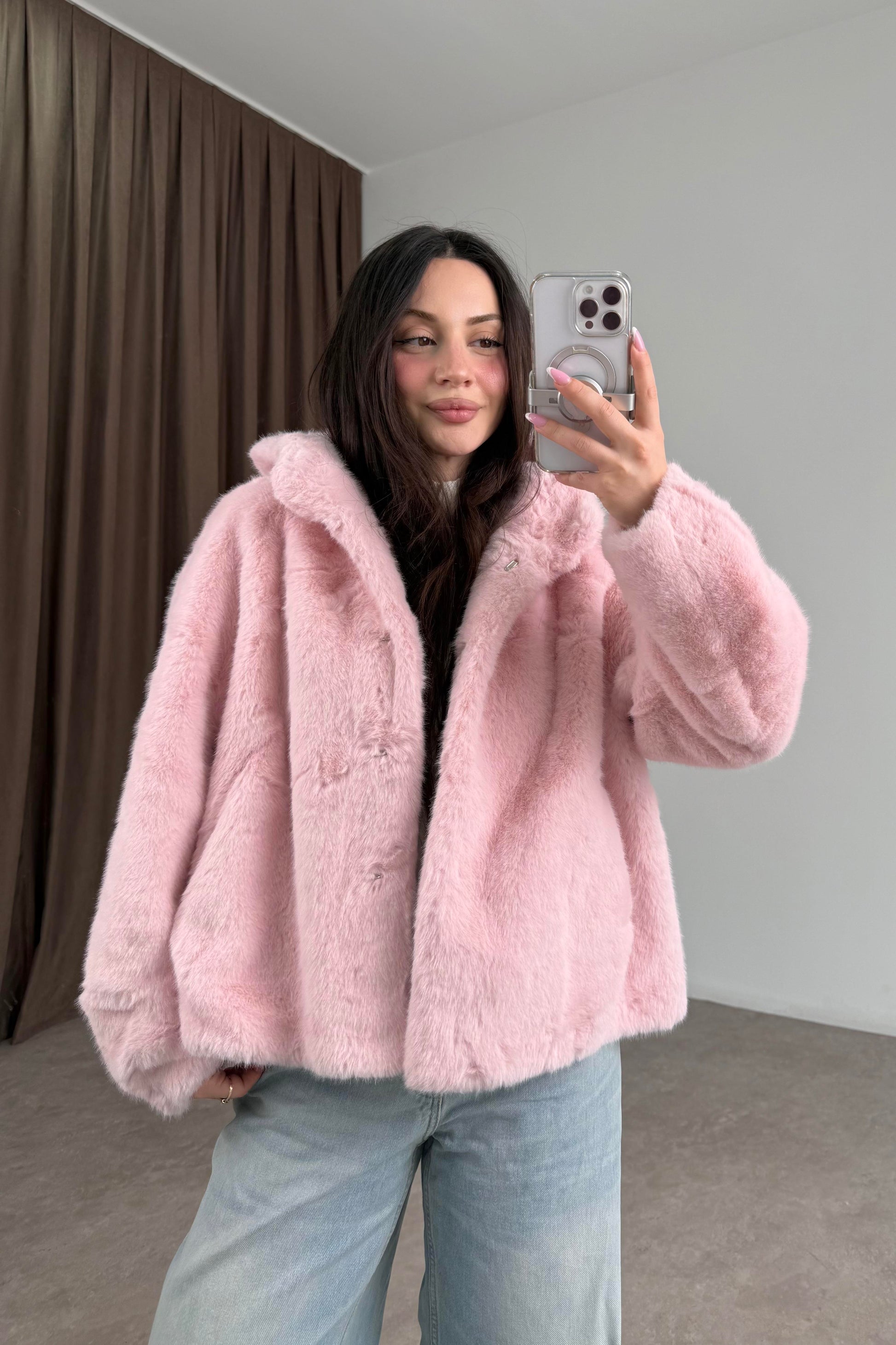 Robin Kapüşonlu İthal Kürk Pembe Mont