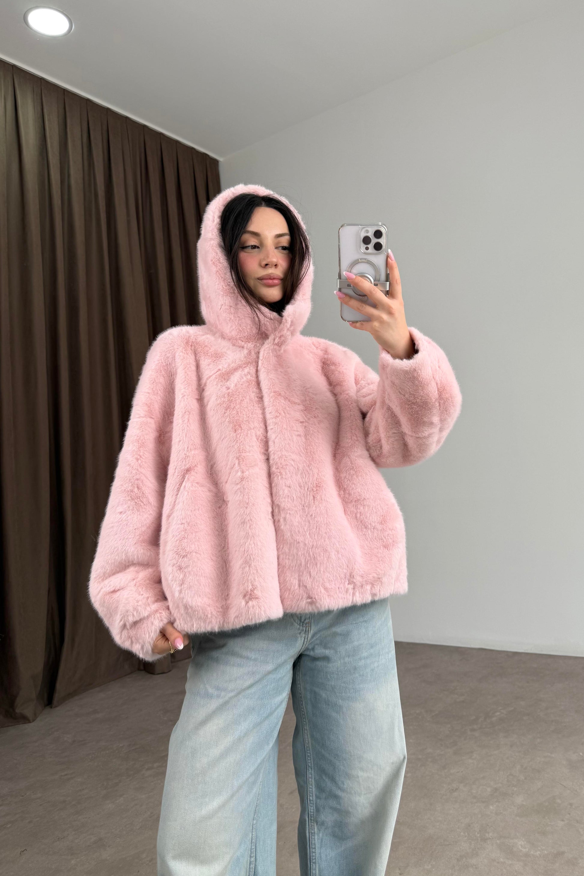 Robin Kapüşonlu İthal Kürk Pembe Mont