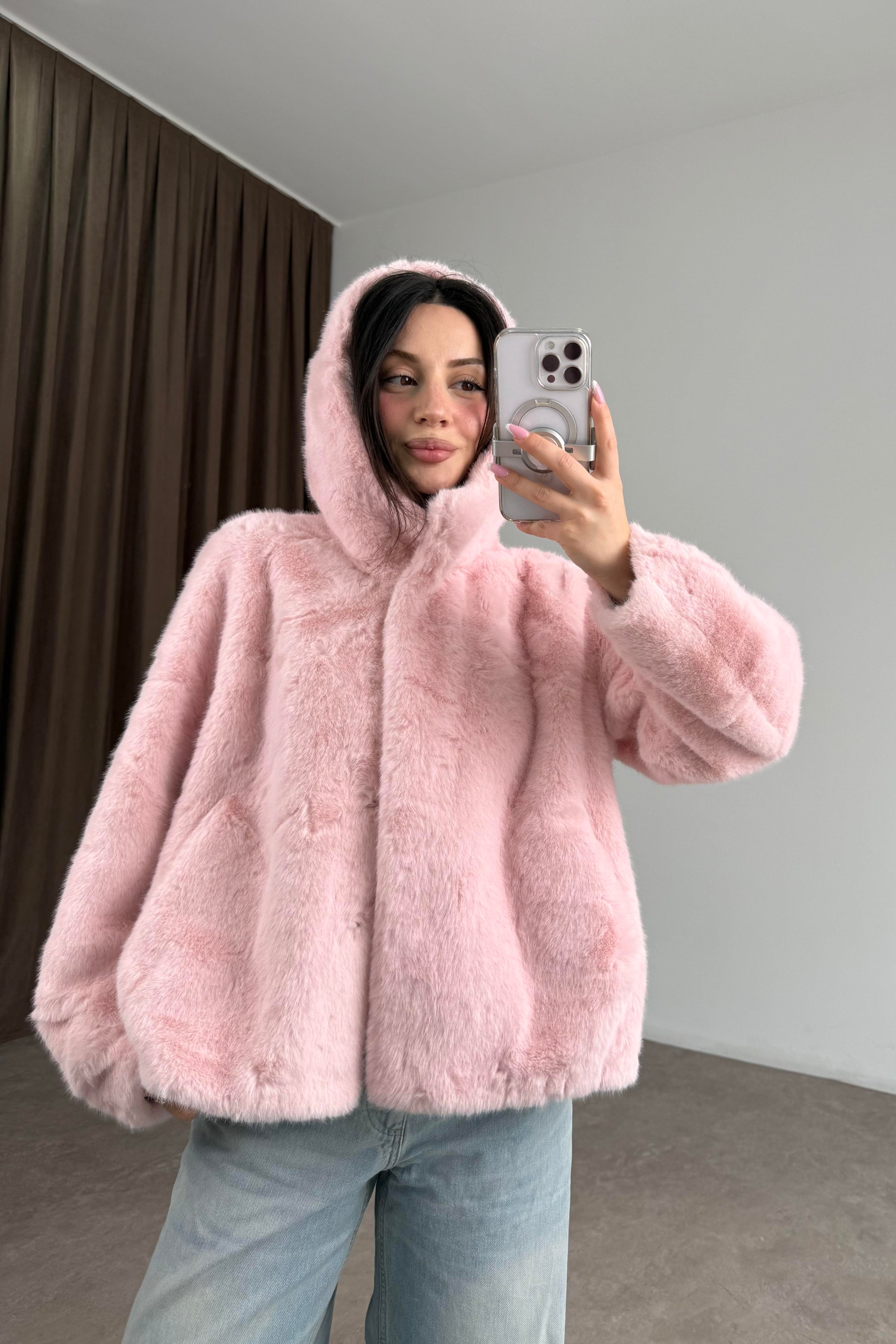 Robin Kapüşonlu İthal Kürk Pembe Mont
