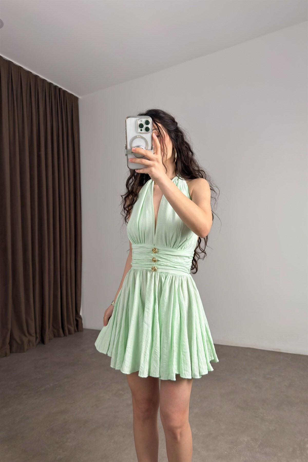 Rosalia Boyundan Bağlamalı Mint Elbise