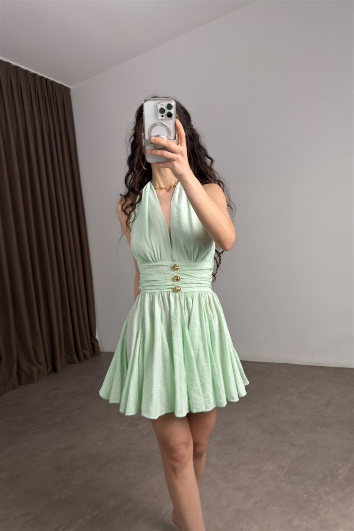 Rosalia Boyundan Bağlamalı Mint Elbise