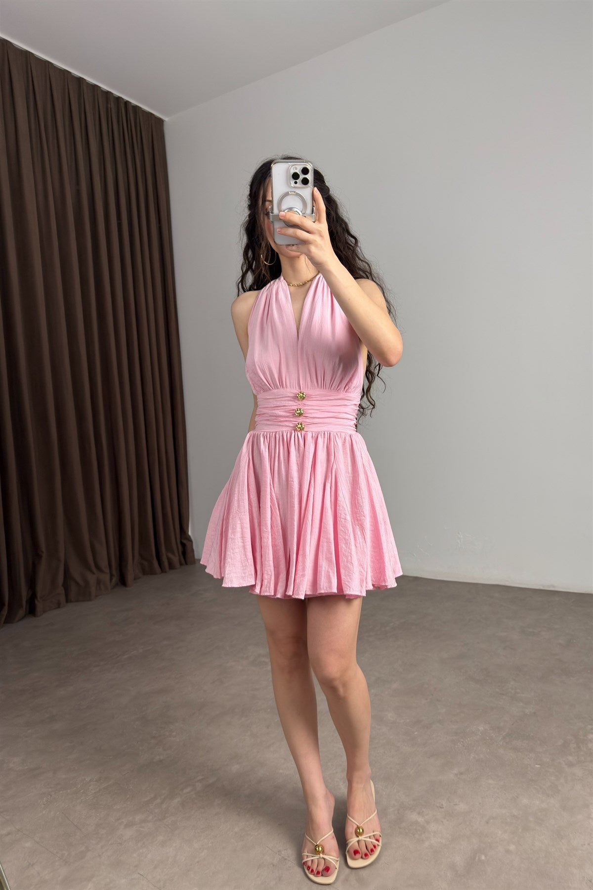 Rosalia Boyundan Bağlamalı Pembe Elbise