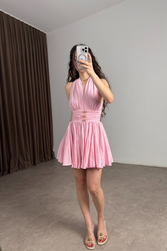 Rosalia Boyundan Bağlamalı Pembe Elbise