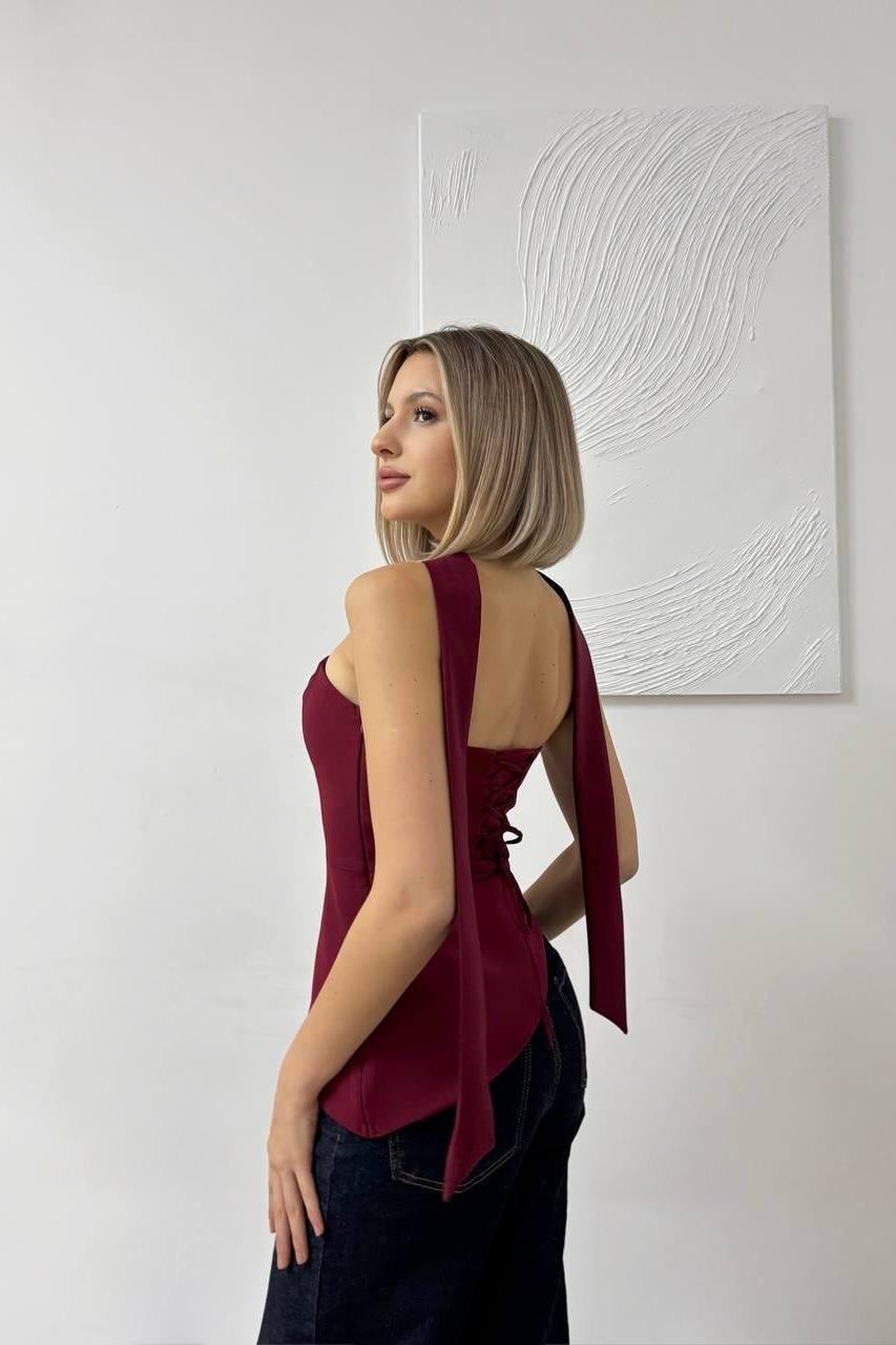 Şal Detaylı Straplez Korse Bordo Bluz