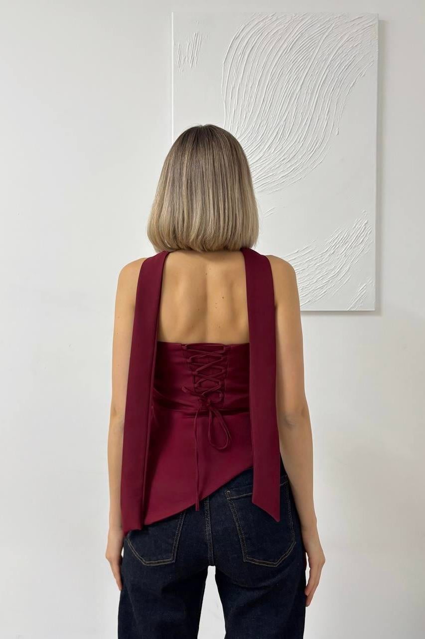 Şal Detaylı Straplez Korse Bordo Bluz
