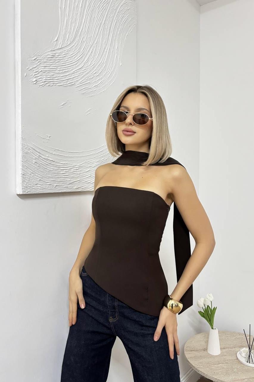 Şal Detaylı Straplez Korse Kahve Bluz