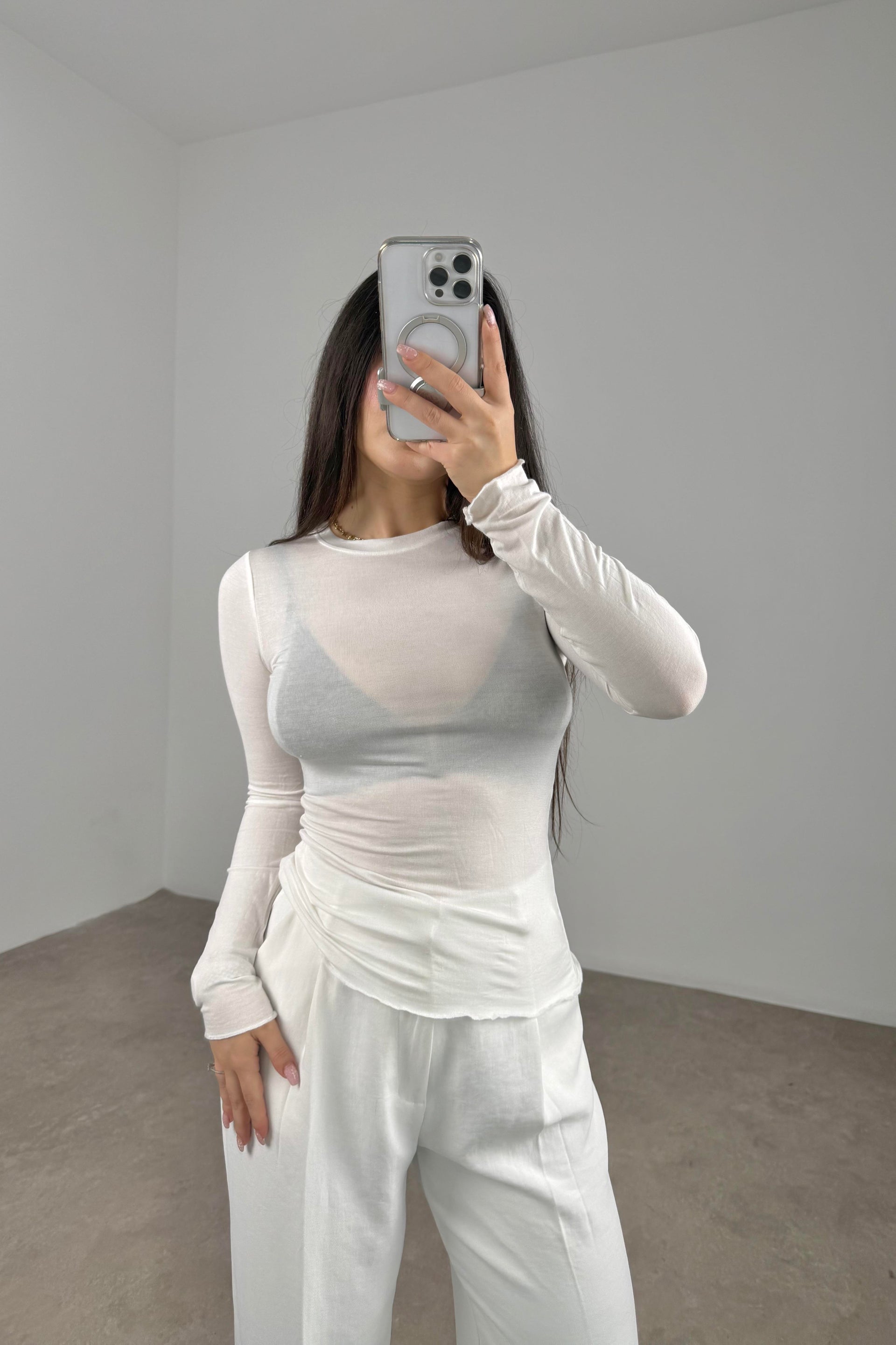 Sıfır Yaka Soft Kumaş Yarı Transparan Beyaz  Body
