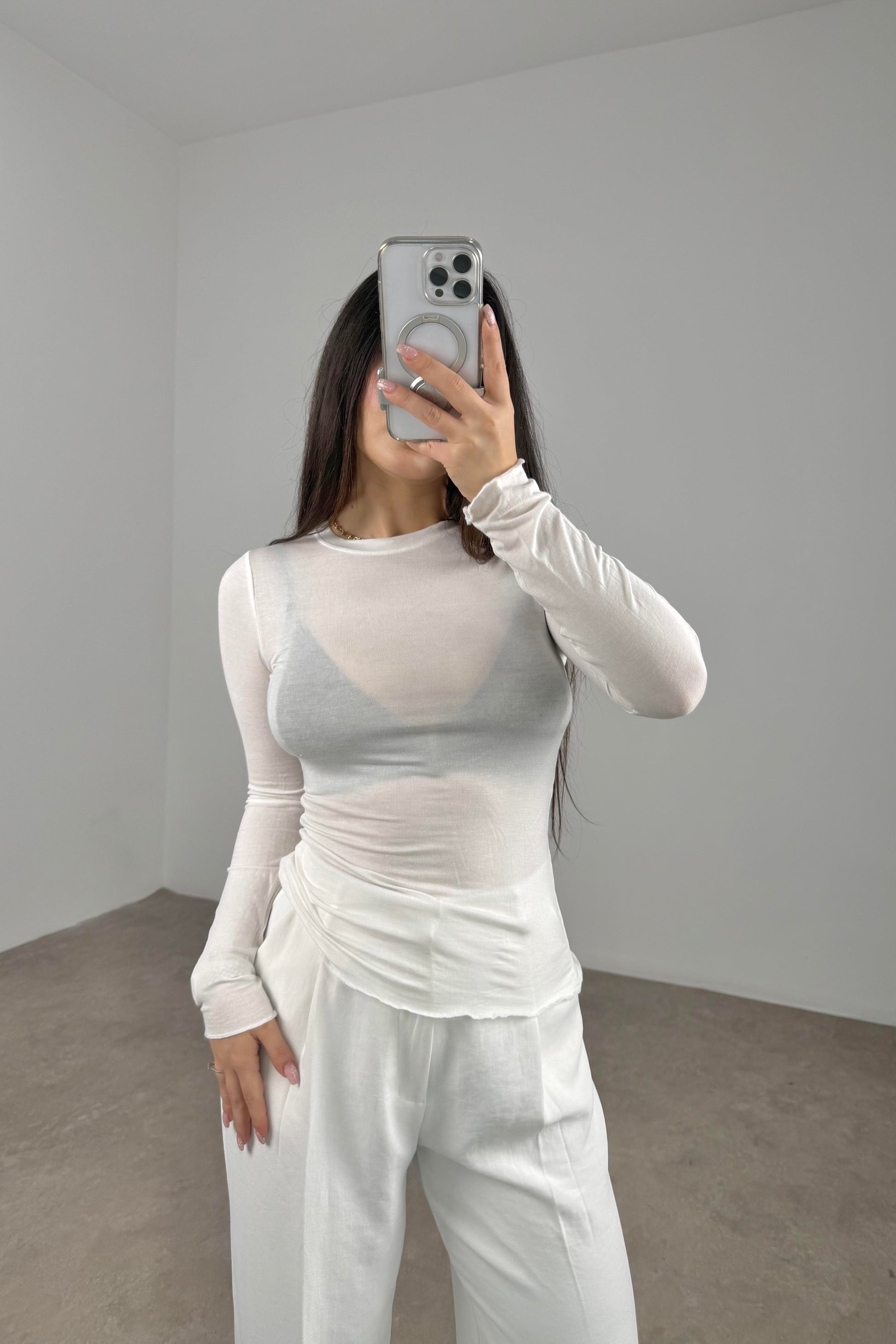 Sıfır Yaka Soft Kumaş Yarı Transparan Beyaz  Body