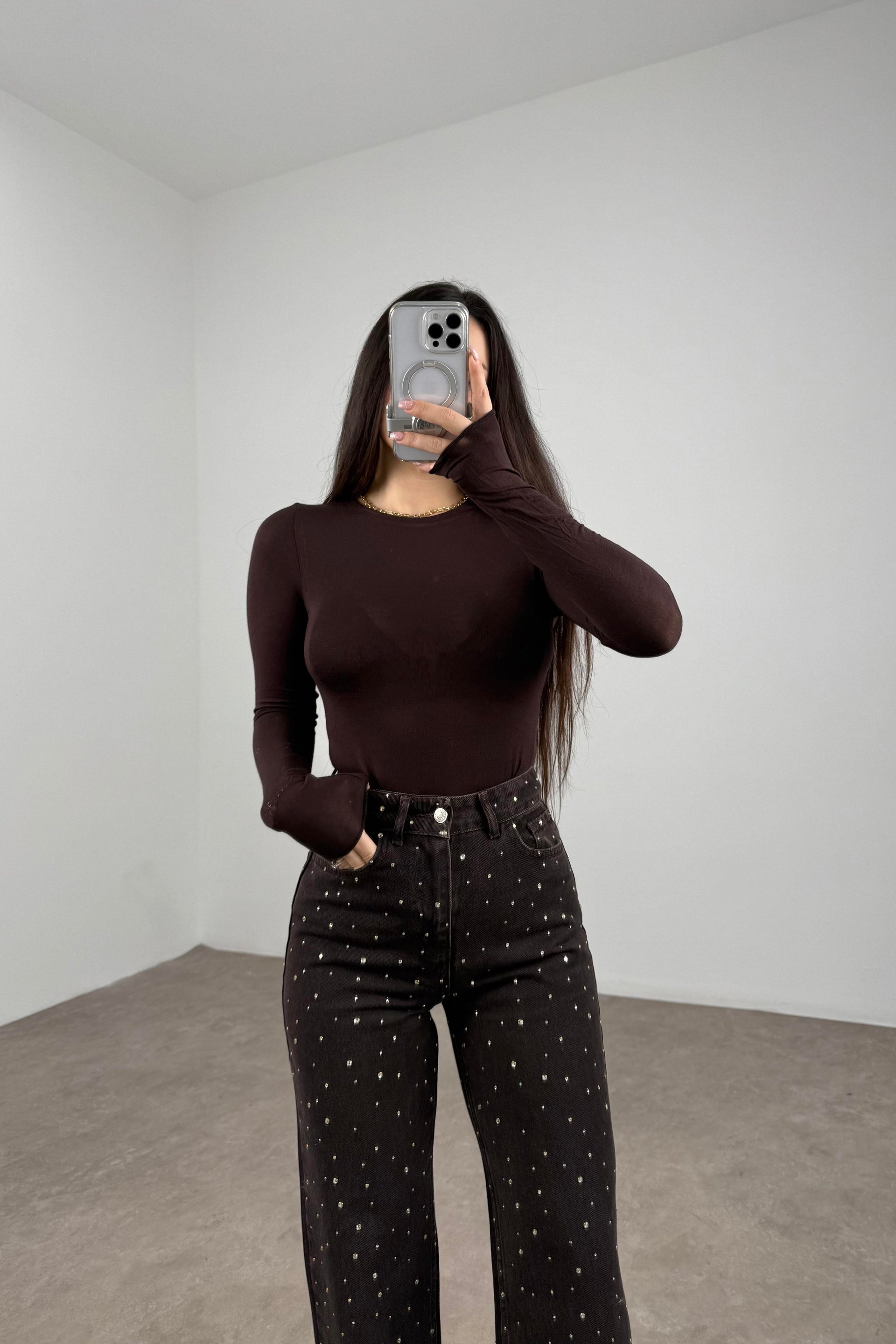 Sıfır Yaka Soft Kumaş Yarı Transparan Kahve Body
