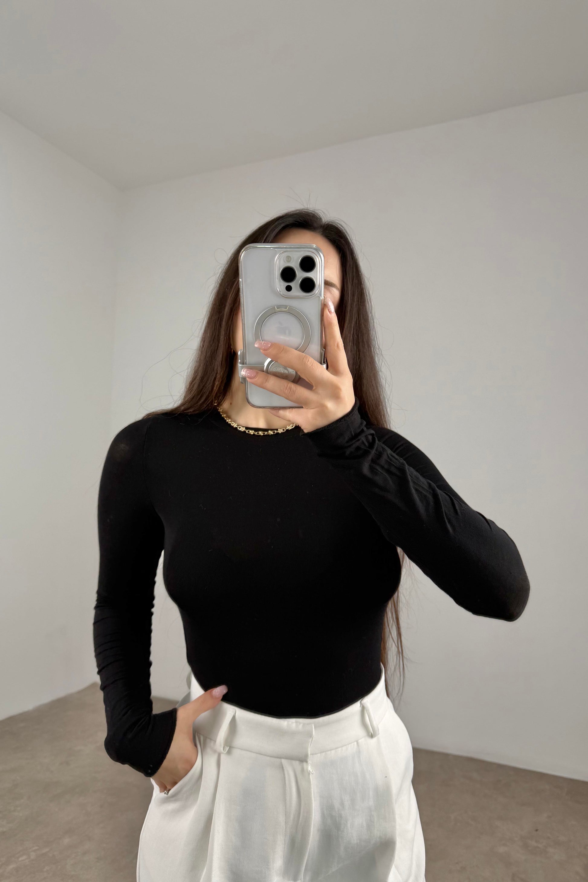 Sıfır Yaka Soft Kumaş Yarı Transparan Siyah Body