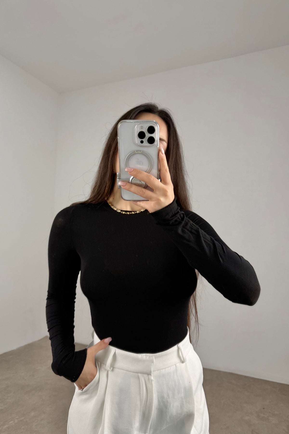 Sıfır Yaka Soft Kumaş Yarı Transparan Siyah Body