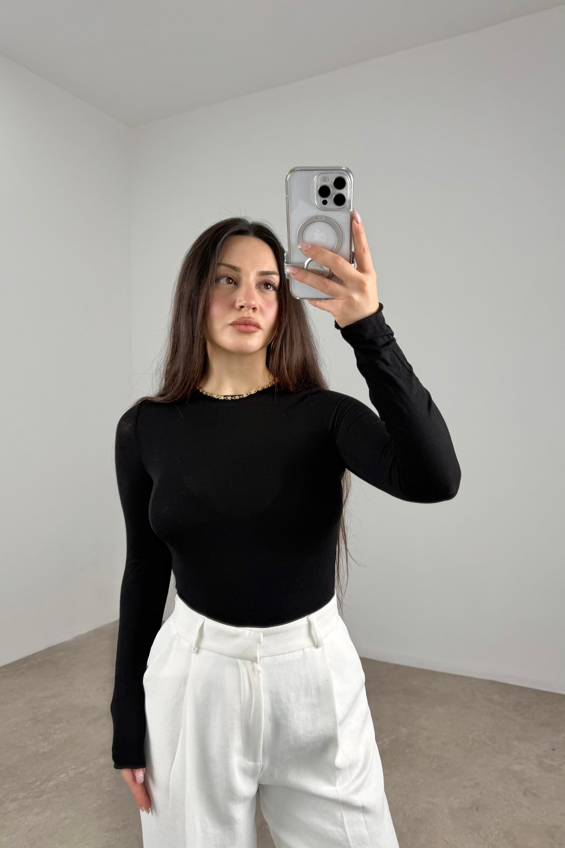 Sıfır Yaka Soft Kumaş Yarı Transparan Siyah Body