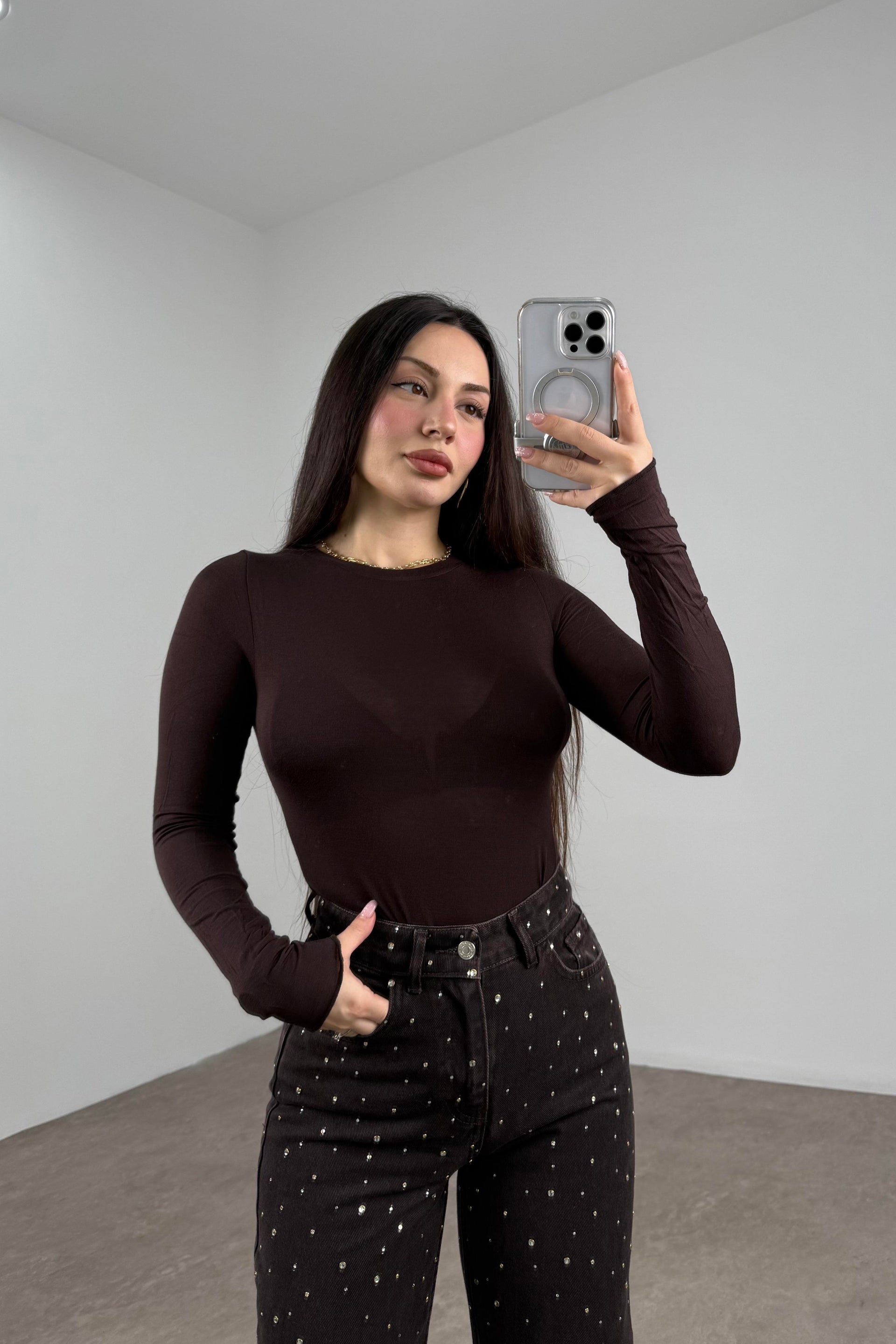 Sıfır Yaka Soft Kumaş Yarı Transparan Kahve Body