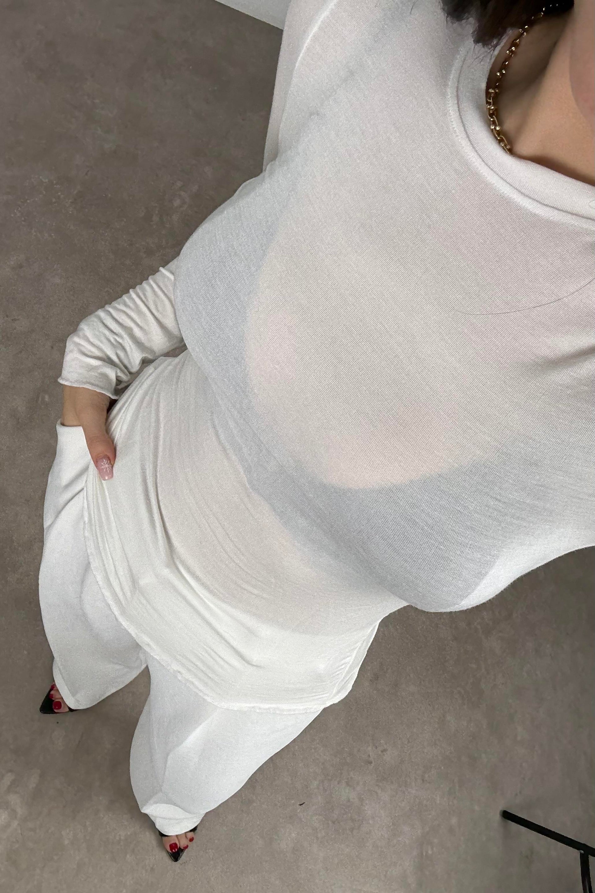 Sıfır Yaka Soft Kumaş Yarı Transparan Beyaz  Body